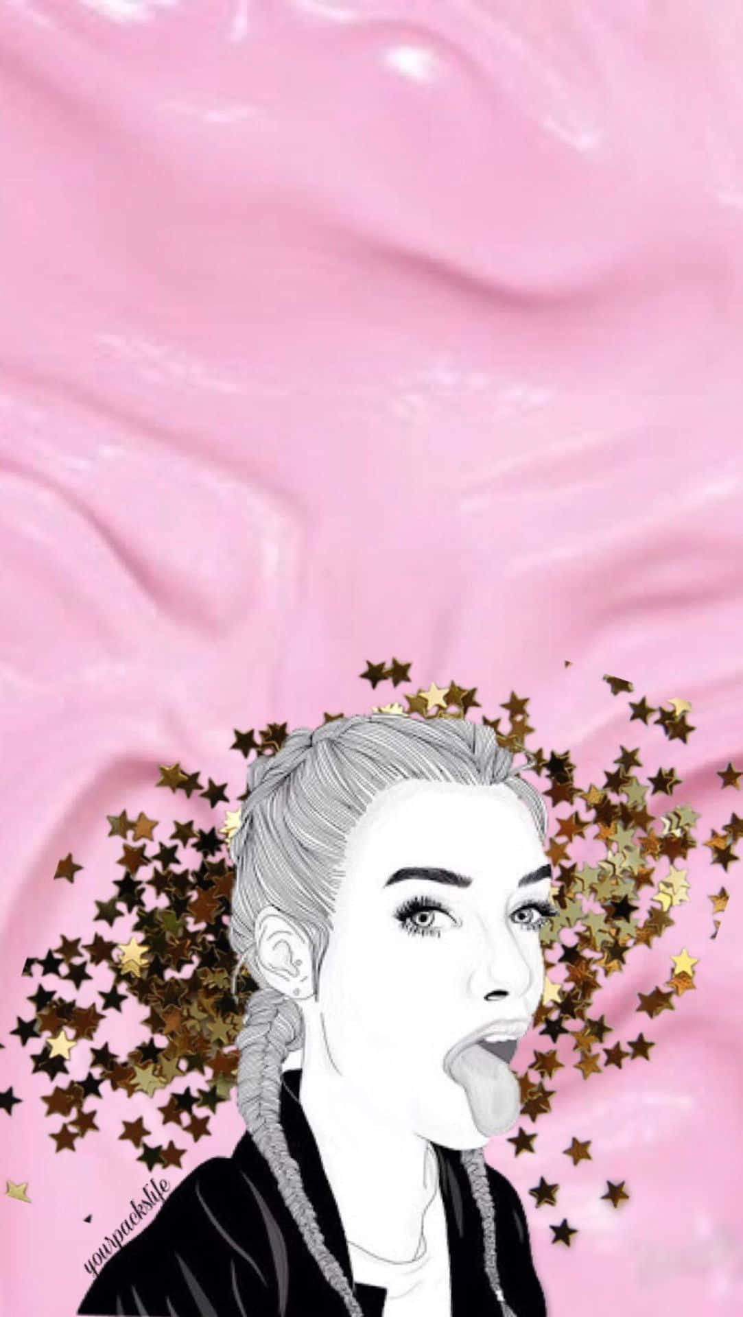 被玫瑰金背景環繞的少女 壁紙 — 一個風格化的黑白女性肖像，頭髮編成辮子，頭頂迸發出星星，背景為亮粉紅色。