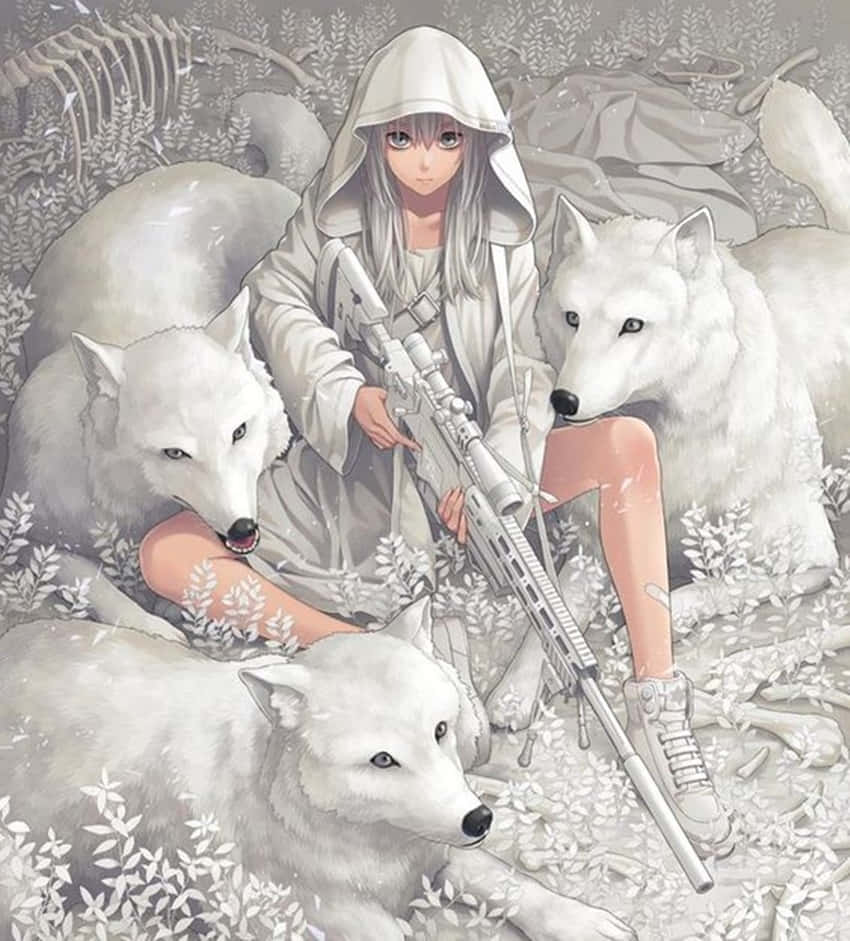 動漫女孩與白狼在雪地裡手持步槍，有骨頭。