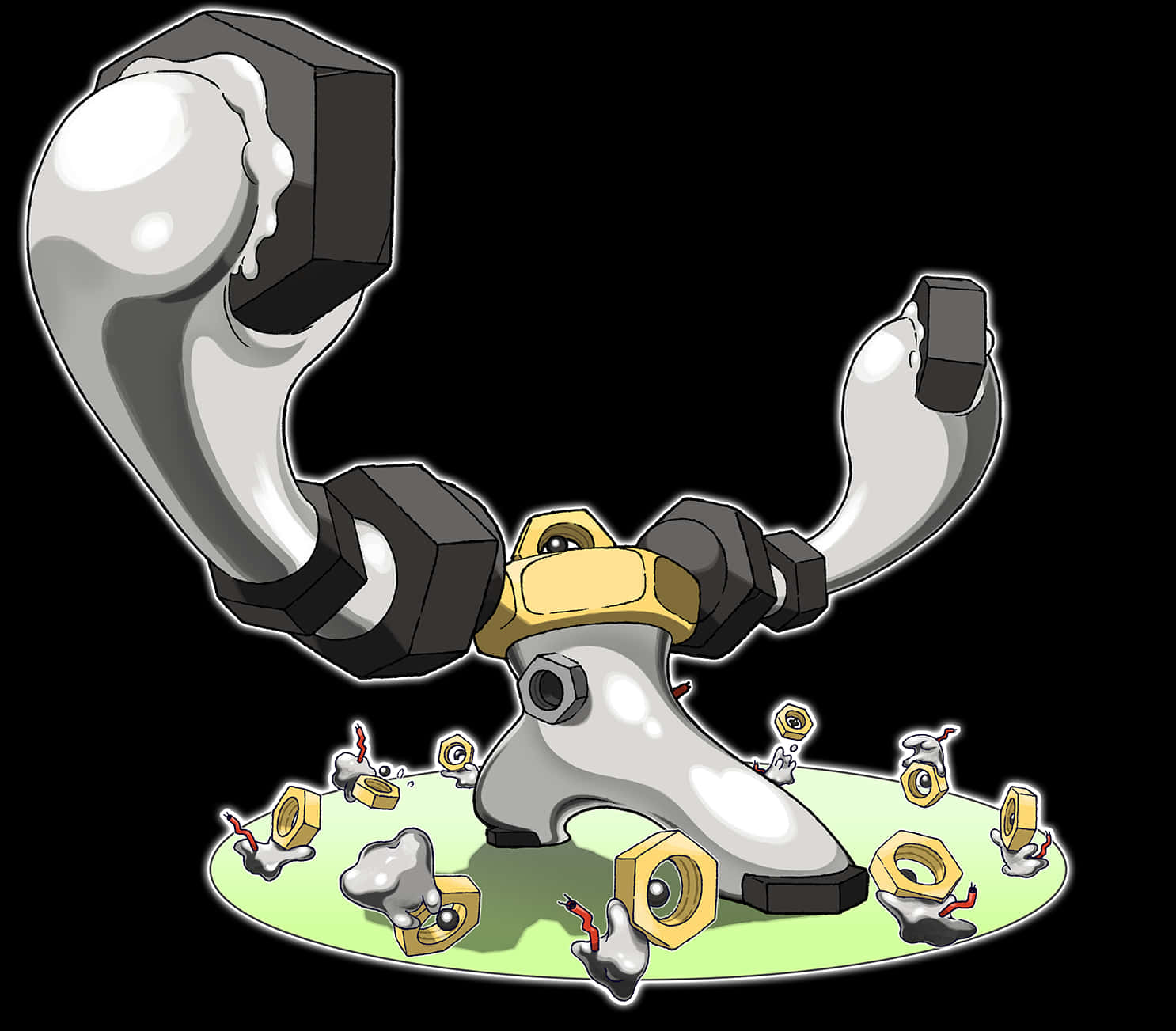 被眾多小 Meltan 包圍的 Melmetal 壁紙 — 一個卡通風格的機械人，擁有超大的手臂，正在展示肌肉，周圍散落著螺栓和螺母，位於綠色平台上。