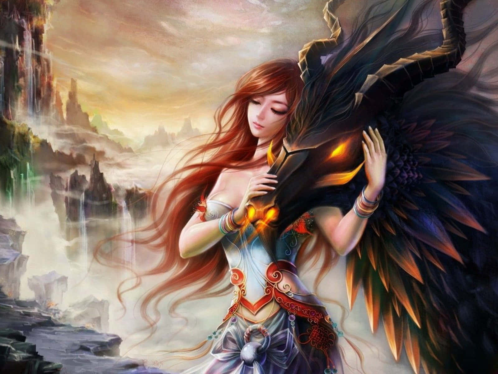 奇幻天使女性，擁有發光嘅翅膀，企喺迷霧懸崖上，喺日落時分。