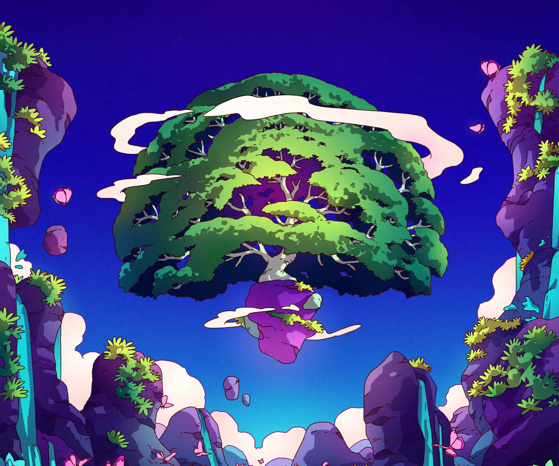 被童話雲景環繞的奇幻浮島 壁紙 — 一棵充滿活力的漂浮樹，擁有茂密的綠色樹冠，在深藍色天空下的超現實峽谷中，棲息在紫色岩石上。