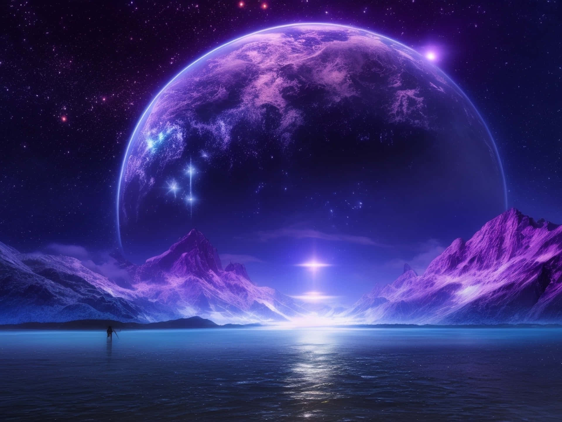 一個人站在水面上，面前是發光的山脈，上方是巨大的紫色行星。