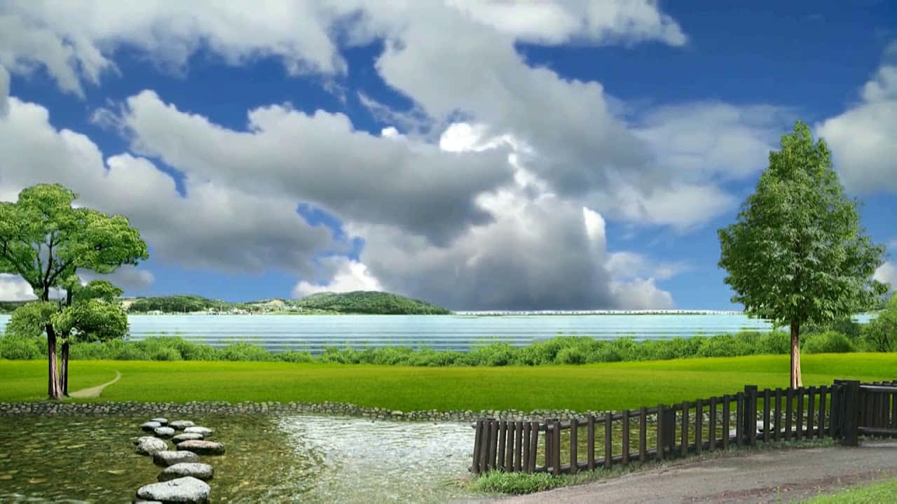 被繁茂綠林環繞的寧靜湖泊 壁紙 — 寧靜的風景，一條石徑穿過淺溪，通往廣闊的綠色田野和遠處的湖泊，天空佈滿戲劇性的雲層。