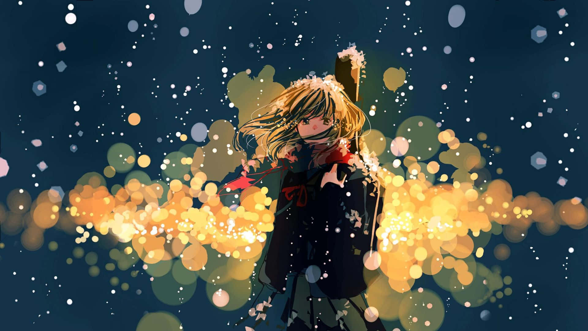 被美麗動漫雨環繞 壁紙 — 金髮紅圍巾的動漫女孩站在雪夜中，身後有閃爍的金色散景燈光。