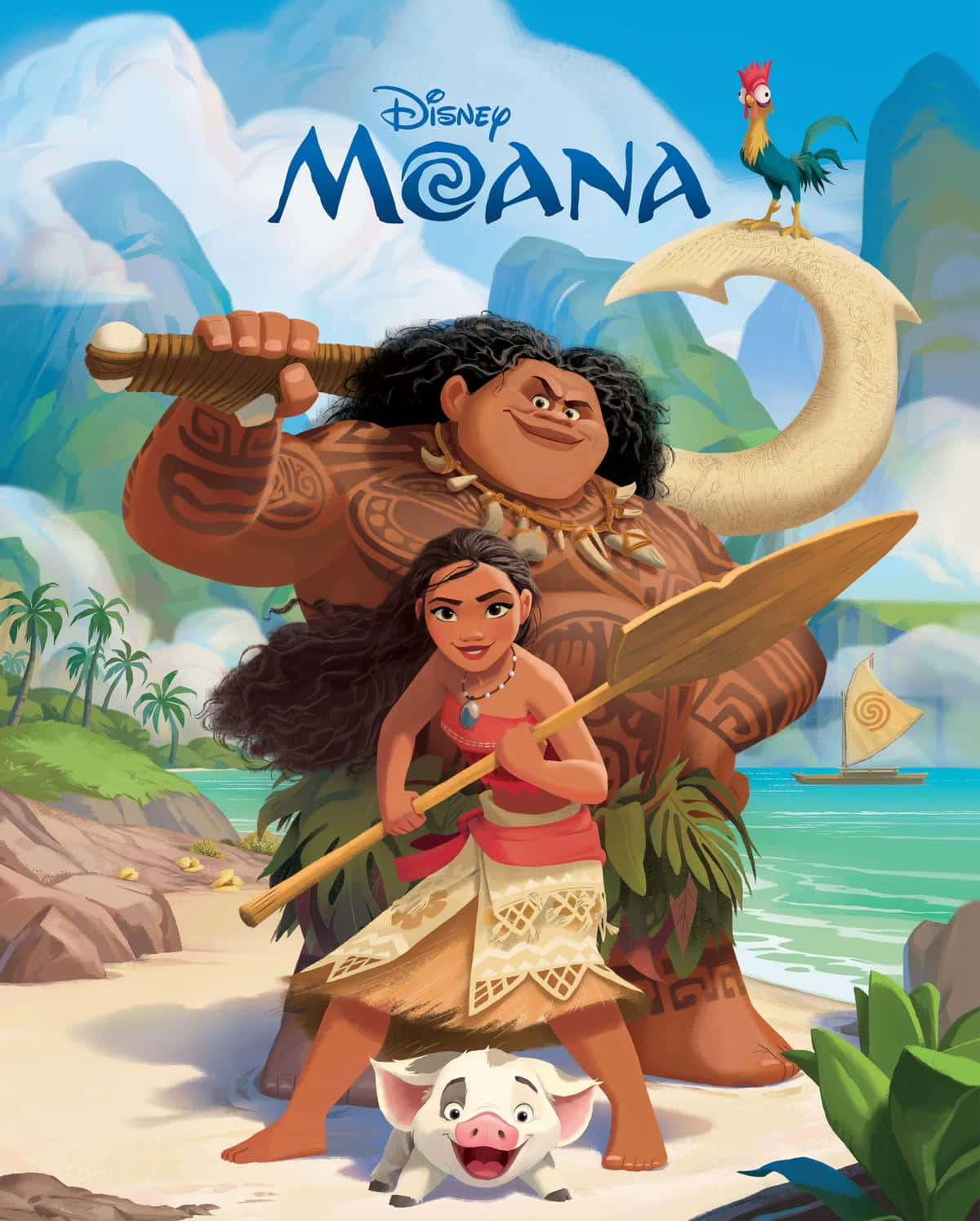 被莫阿娜的勇氣與無畏激勵吧！ 壁紙 — Moana 和 Maui 站在熱帶海灘上，旁邊有一隻豬和一隻公雞，天空晴朗。