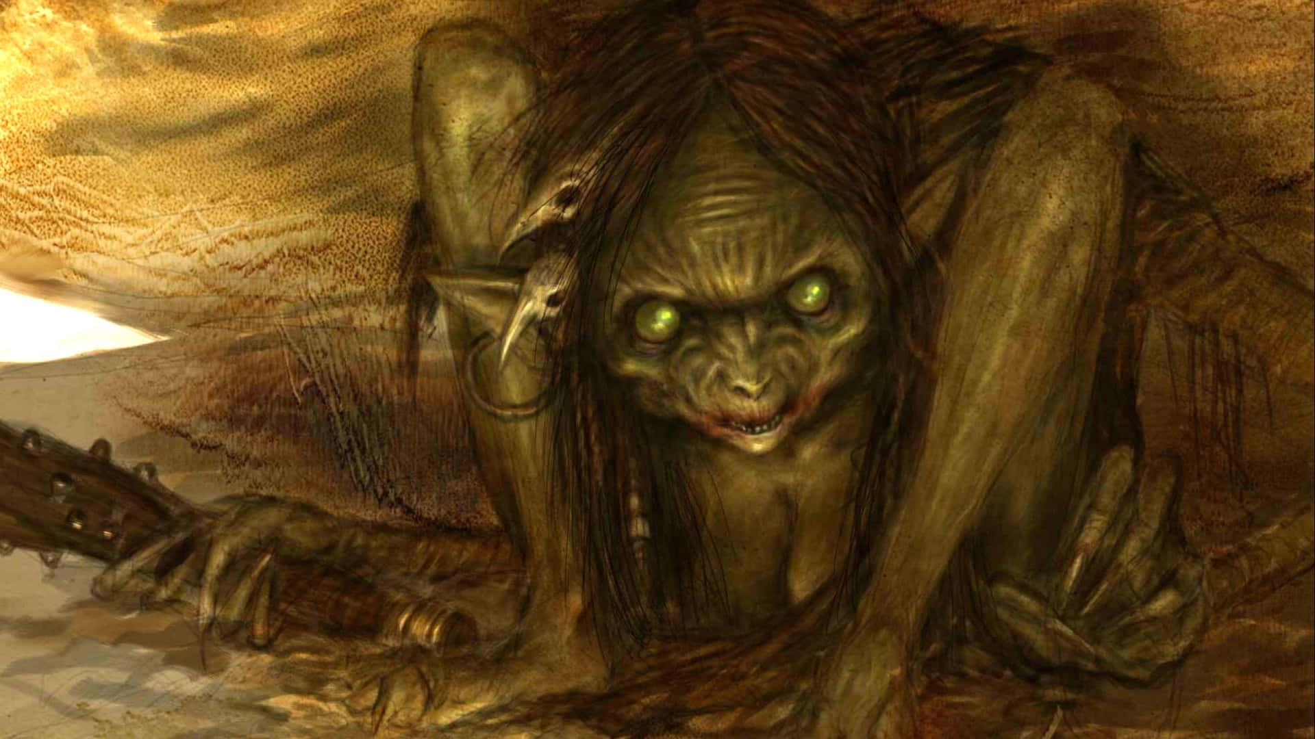 一個長著發光綠眼的威脅性哥布林，在塵土飛揚的洞穴中蹲伏著。