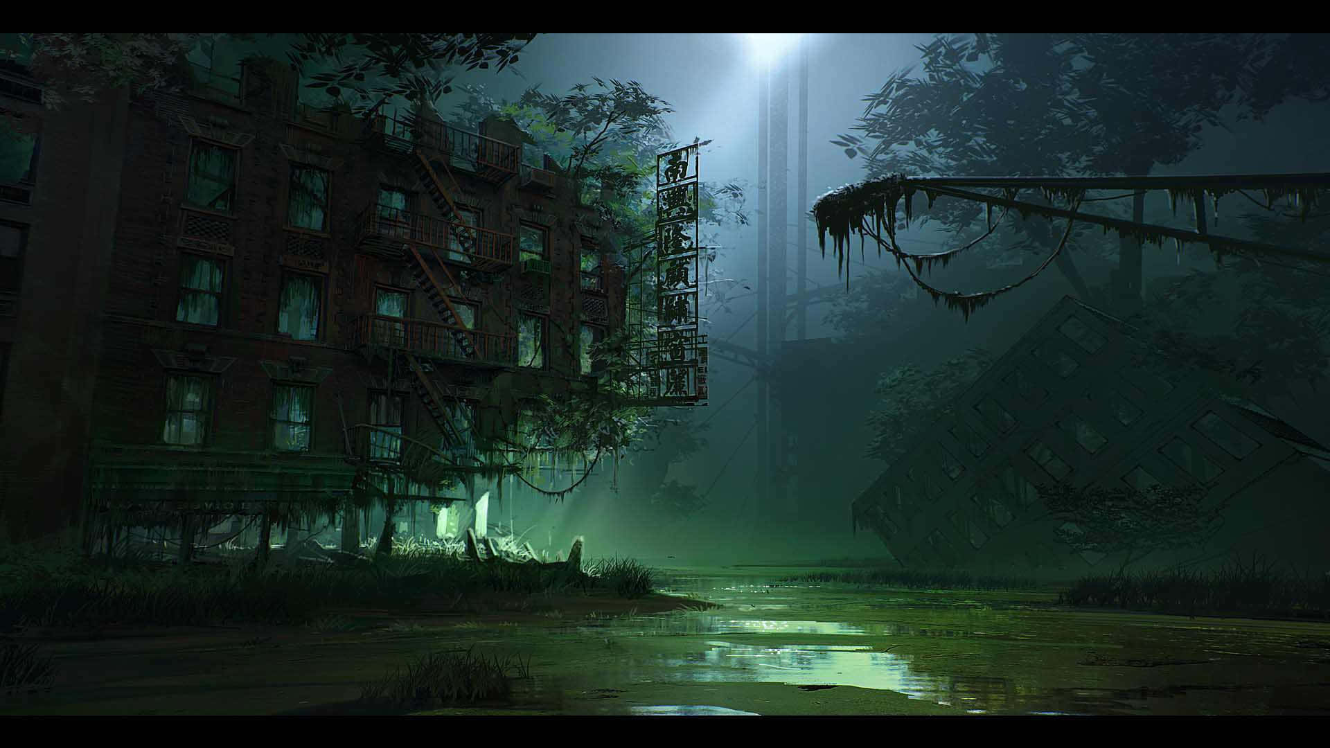 夜晚詭異綠光下，廢棄城市建築長滿苔蘚。