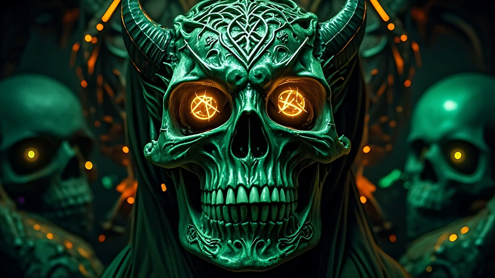 一個帶有發光五角星眼睛和華麗角的綠色惡魔頭骨，被模糊頭骨和溫暖燈光包圍。