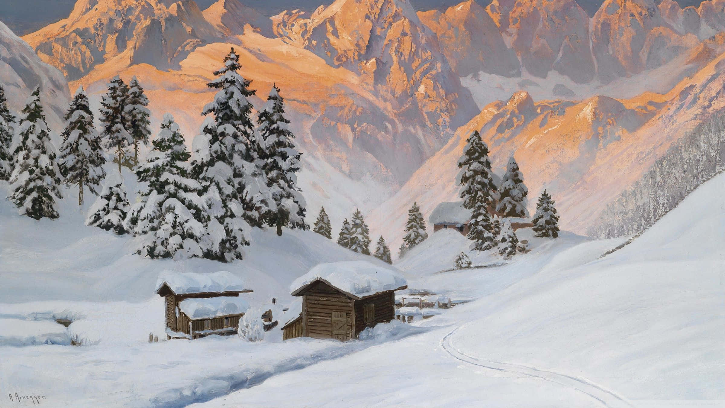 Winter Painting 桌布 壁紙 — 被金色夕陽沐浴的寧靜山谷中，積雪覆蓋的木屋。
