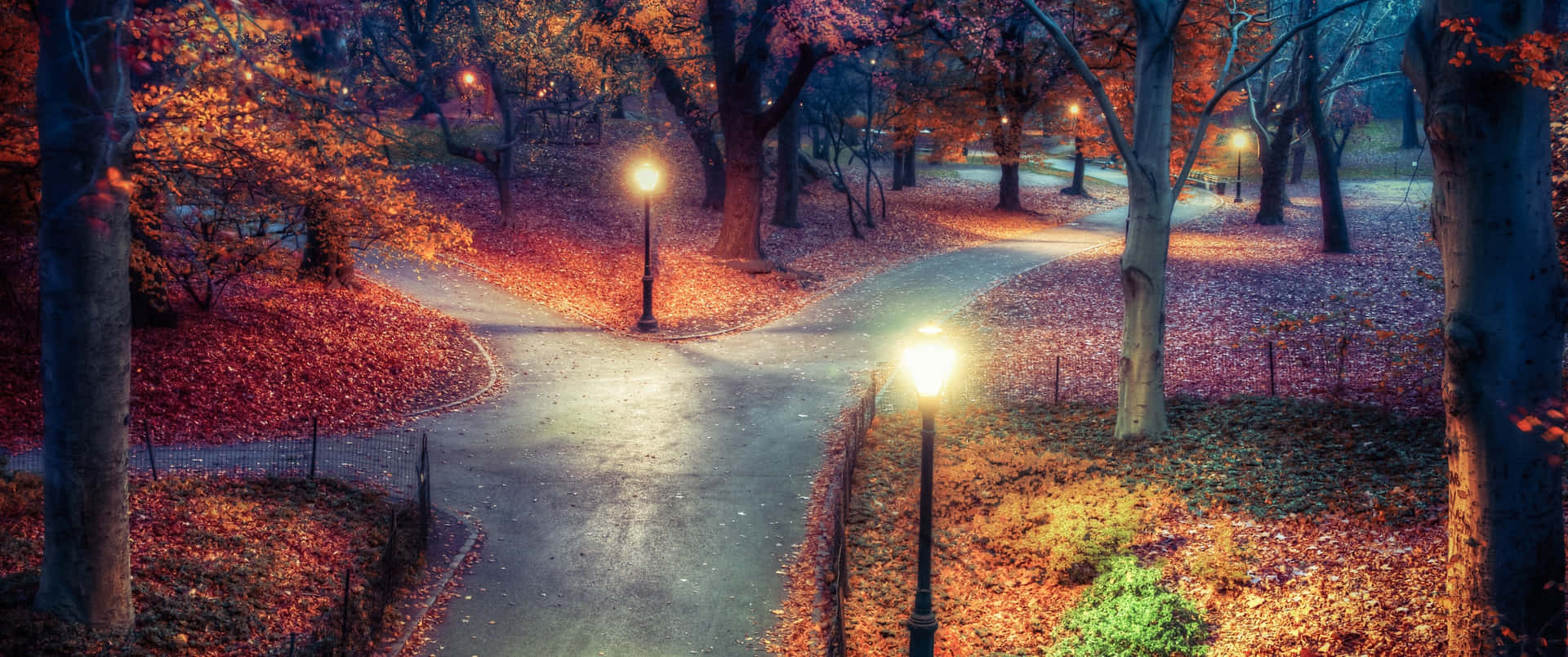 黃昏時分蜿蜒的公園小徑，閃爍的路燈和色彩繽紛的落葉。