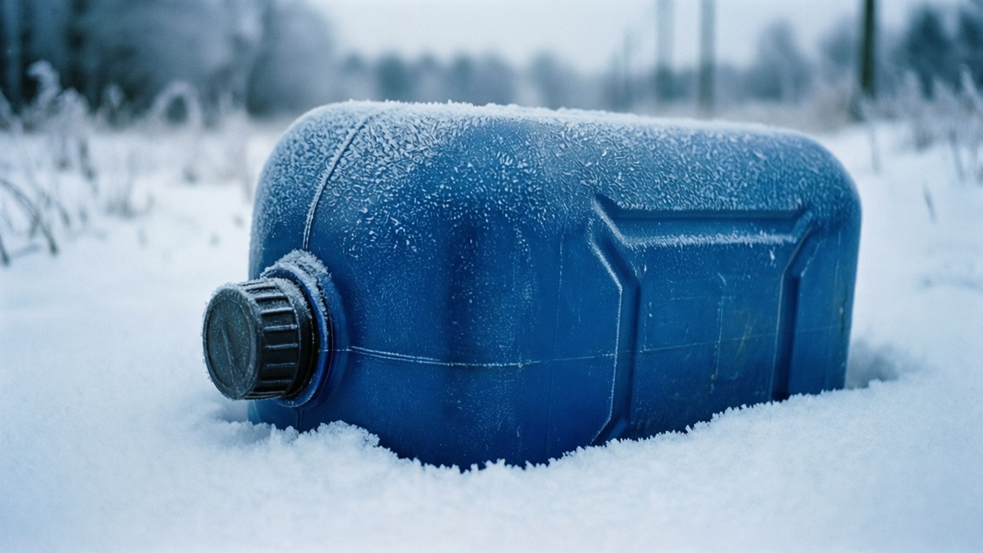 雪中結霜的藍色塑膠壺