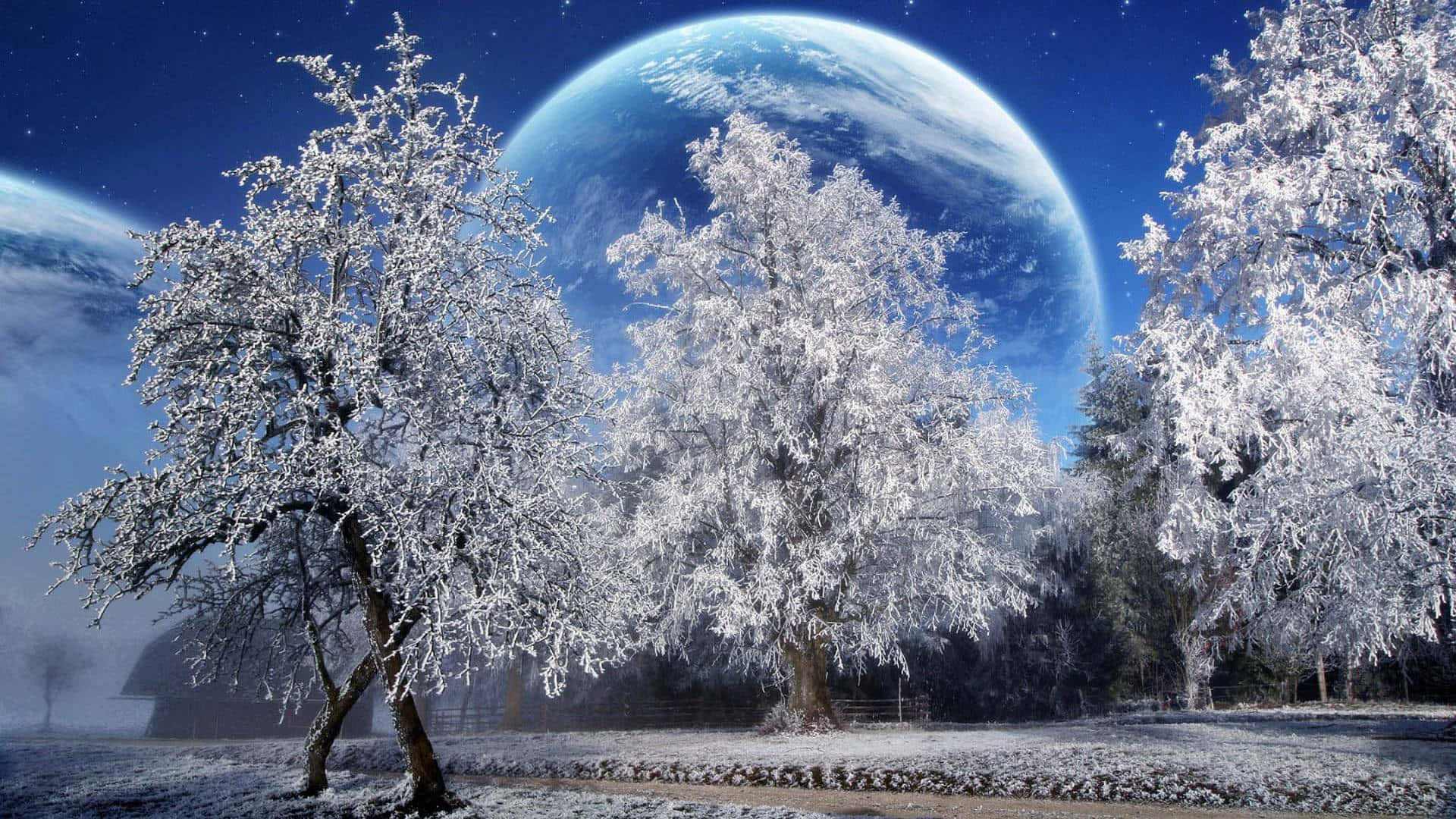 冬天桌面 桌布 壁紙 — 被雪覆蓋的樹木矗立在一個巨大的藍色星球前，在繁星點點的夜空中閃耀。