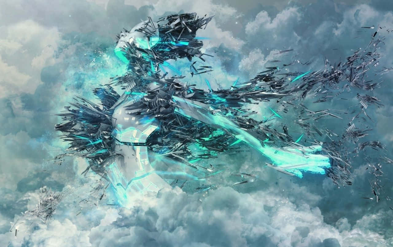 一個破碎的數位存在，在暴風雲背景下發出發光的青色能量。