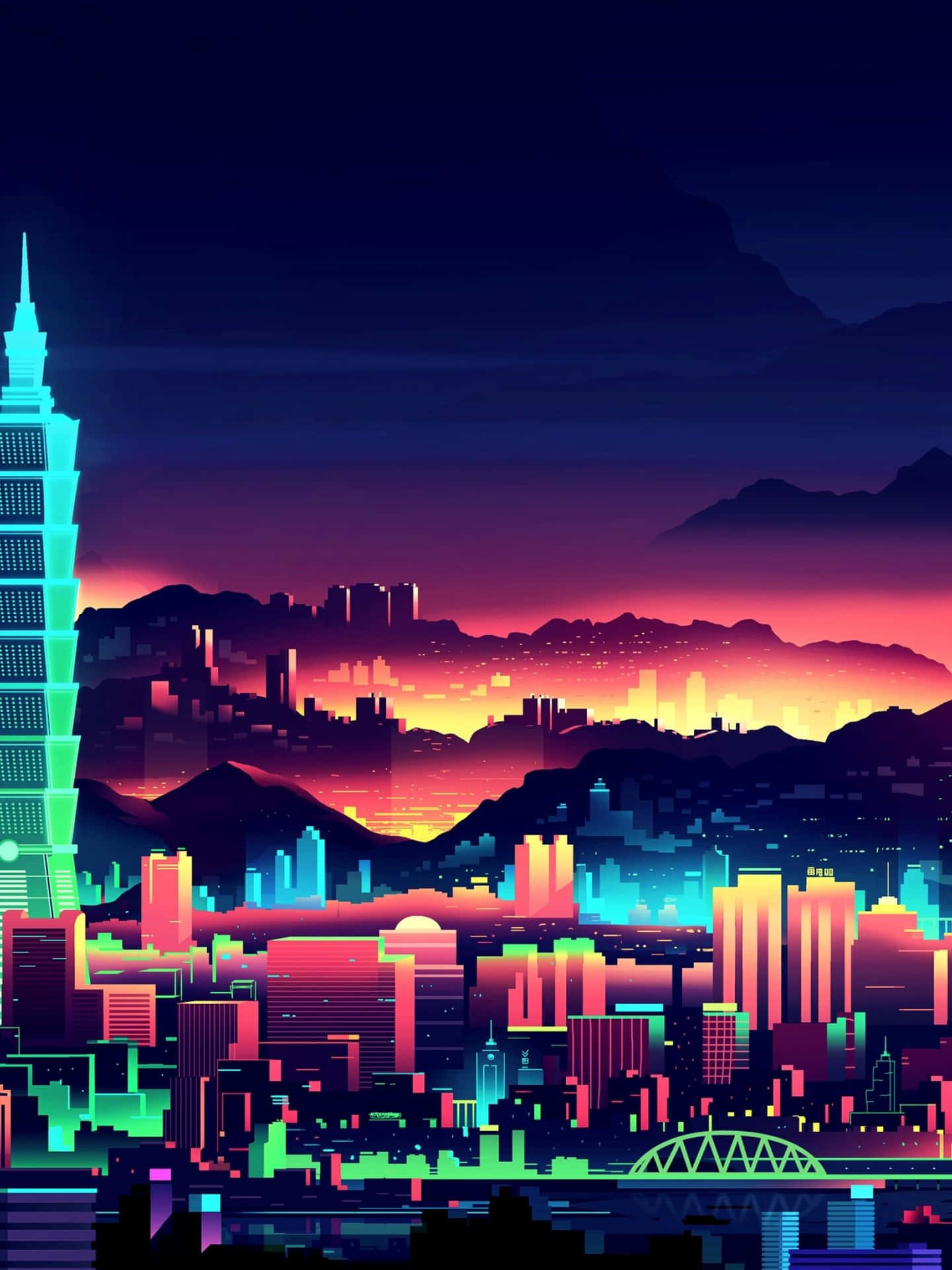 黃昏時分霓虹燈照亮的天際線，閃爍的建築物和背景中的山脈。