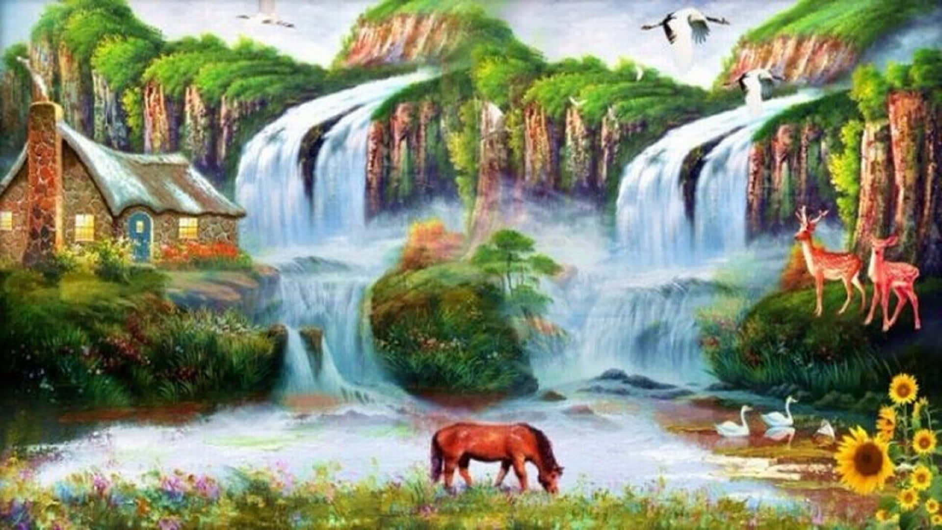 瀑布旁的小屋，有鹿、天鵝和吃草的馬，在充滿活力的綠色景觀中。