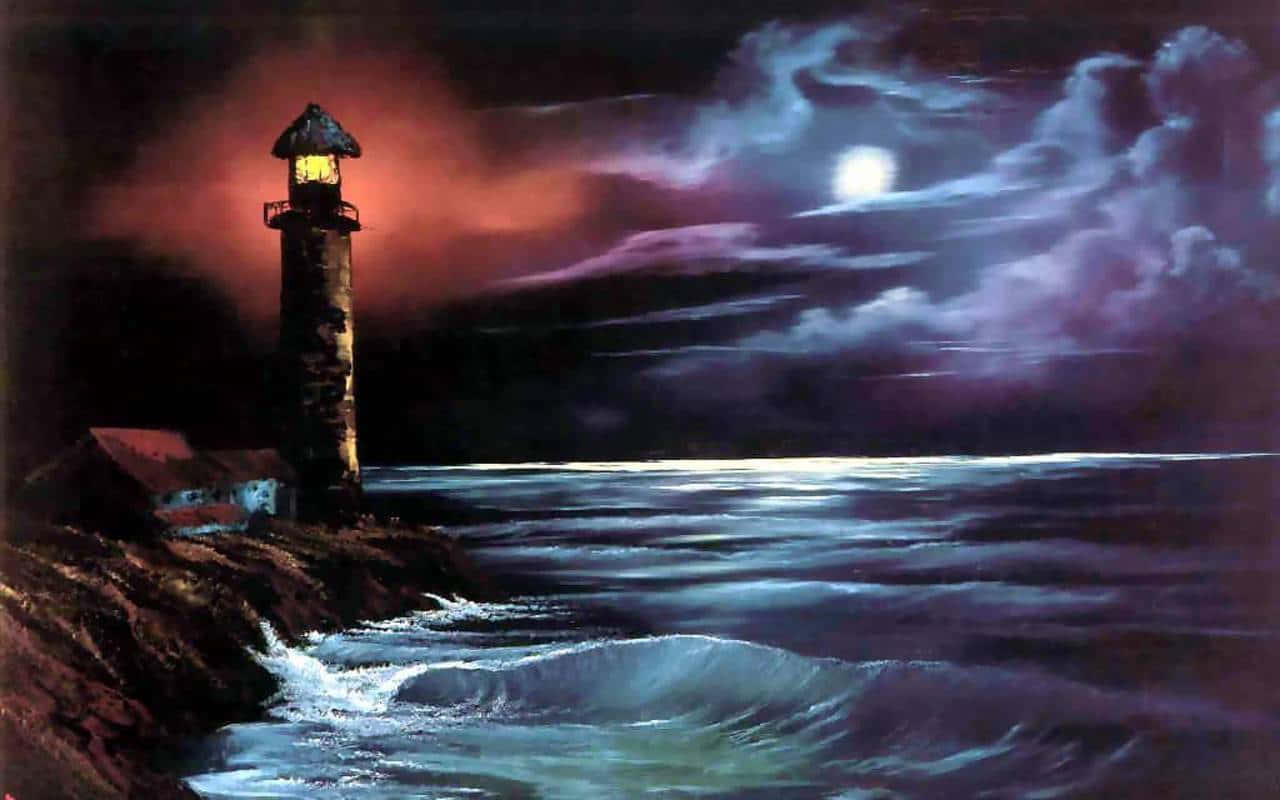 夜晚，燈塔在岩石海岸上發光，伴隨著月光下的波浪和暴風雲。