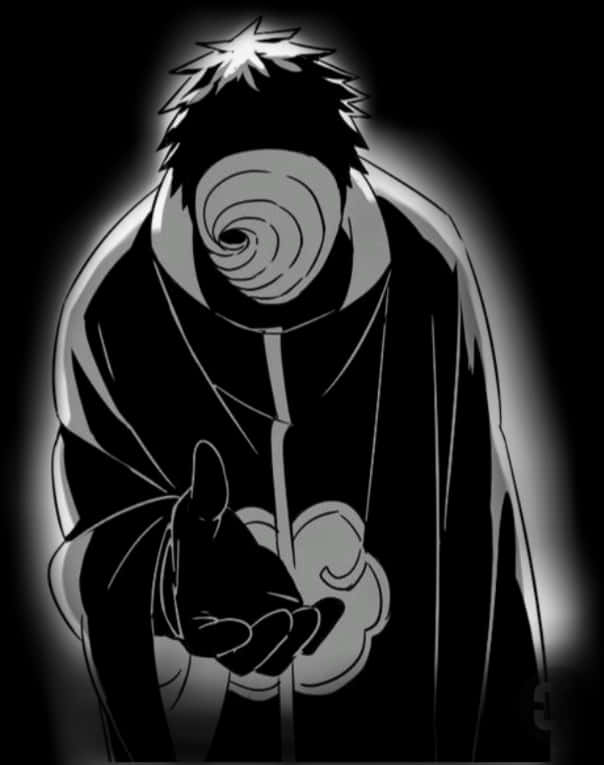 被黑暗籠罩的神秘動畫角色 壁紙 — 一個單色動漫人物，帶有螺旋眼和雲朵符號，在黑暗背景中伸出手。