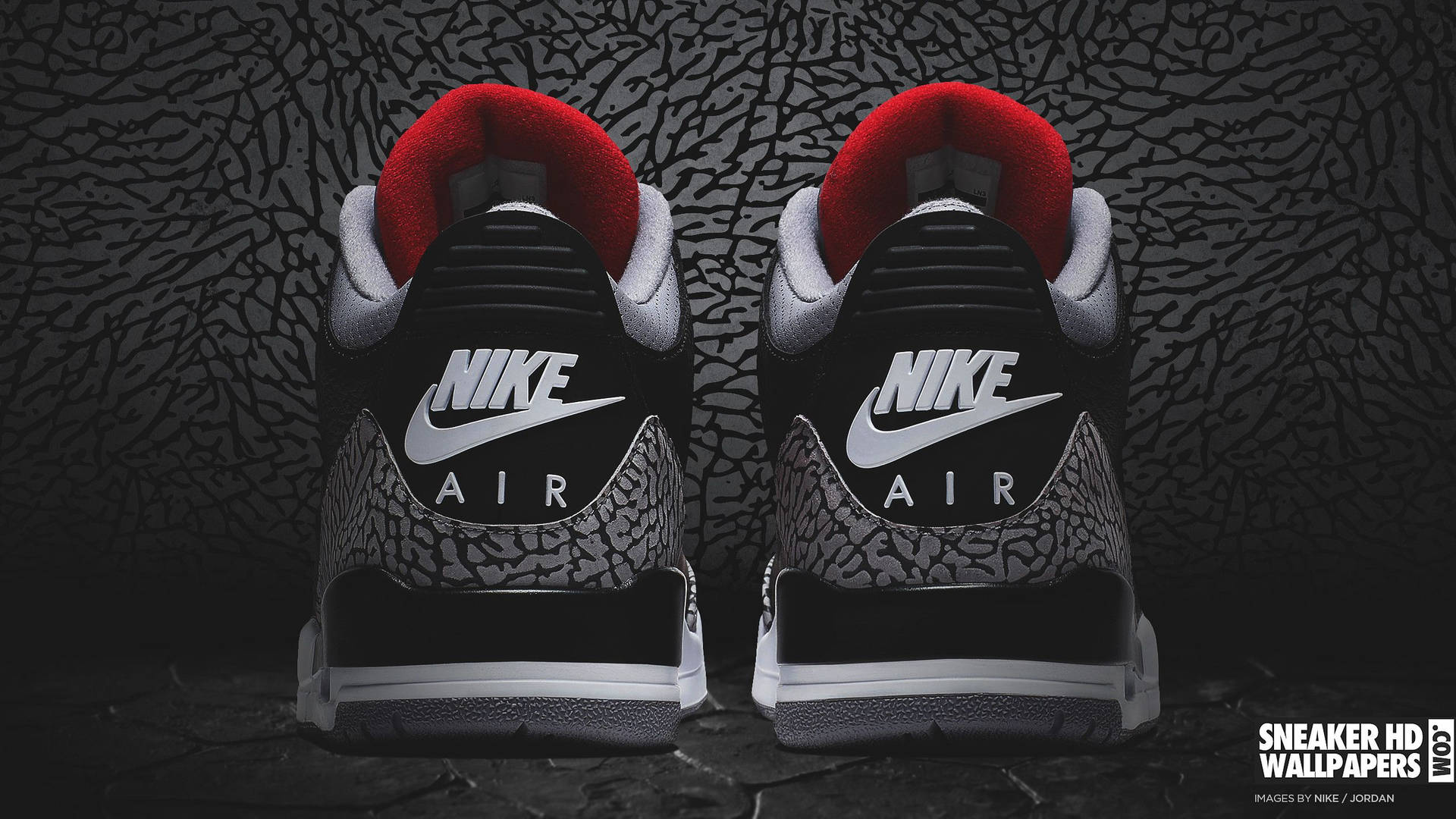 從後面觀看的黑色、白色和紅色Nike Air Jordan 3運動鞋。