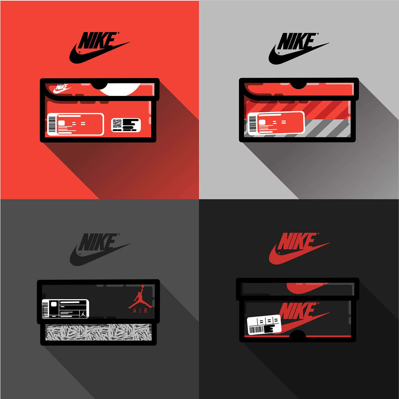 四張風格化的Nike鞋盒，顏色為紅、灰、黑，帶有長陰影。