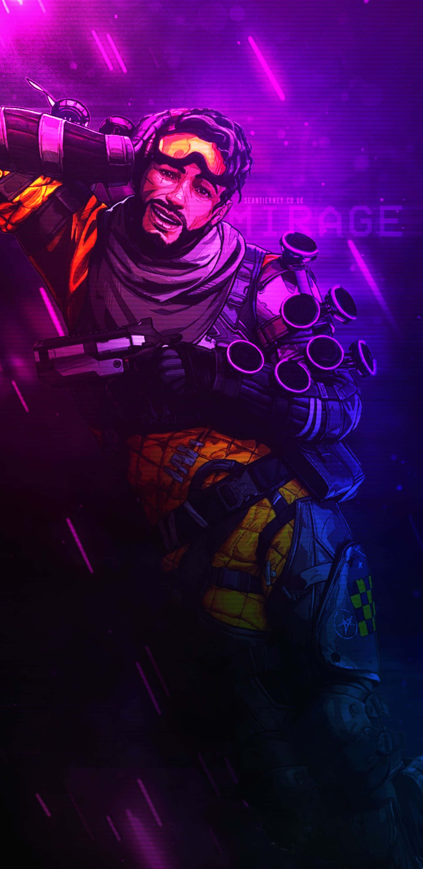 裝備好，以 Pixel 3XL 進入《Apex Legends》世界 壁紙 — 一名兇猛的戰士身穿未來盔甲，在霓虹紫色光線下揮舞著發光武器。