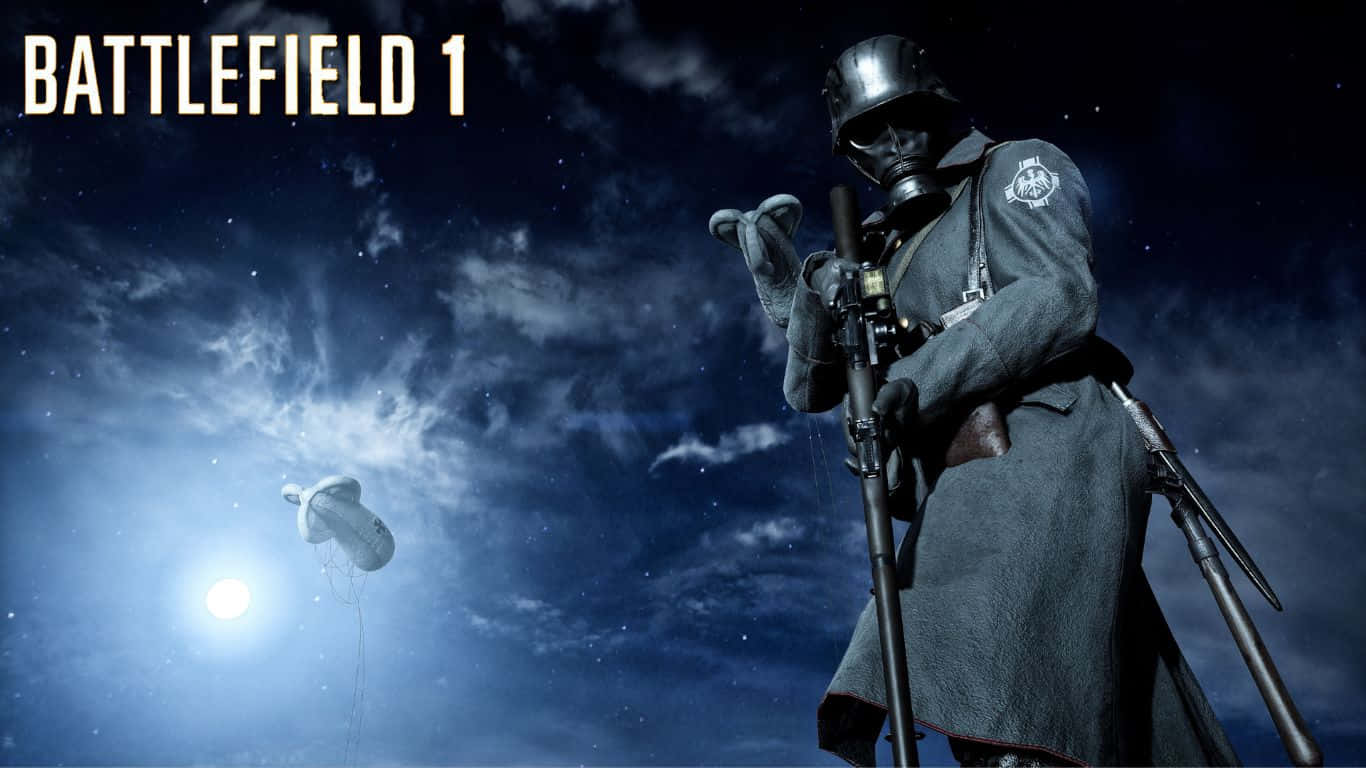 一戰士兵在星空下持步槍，月光下的攔阻氣球