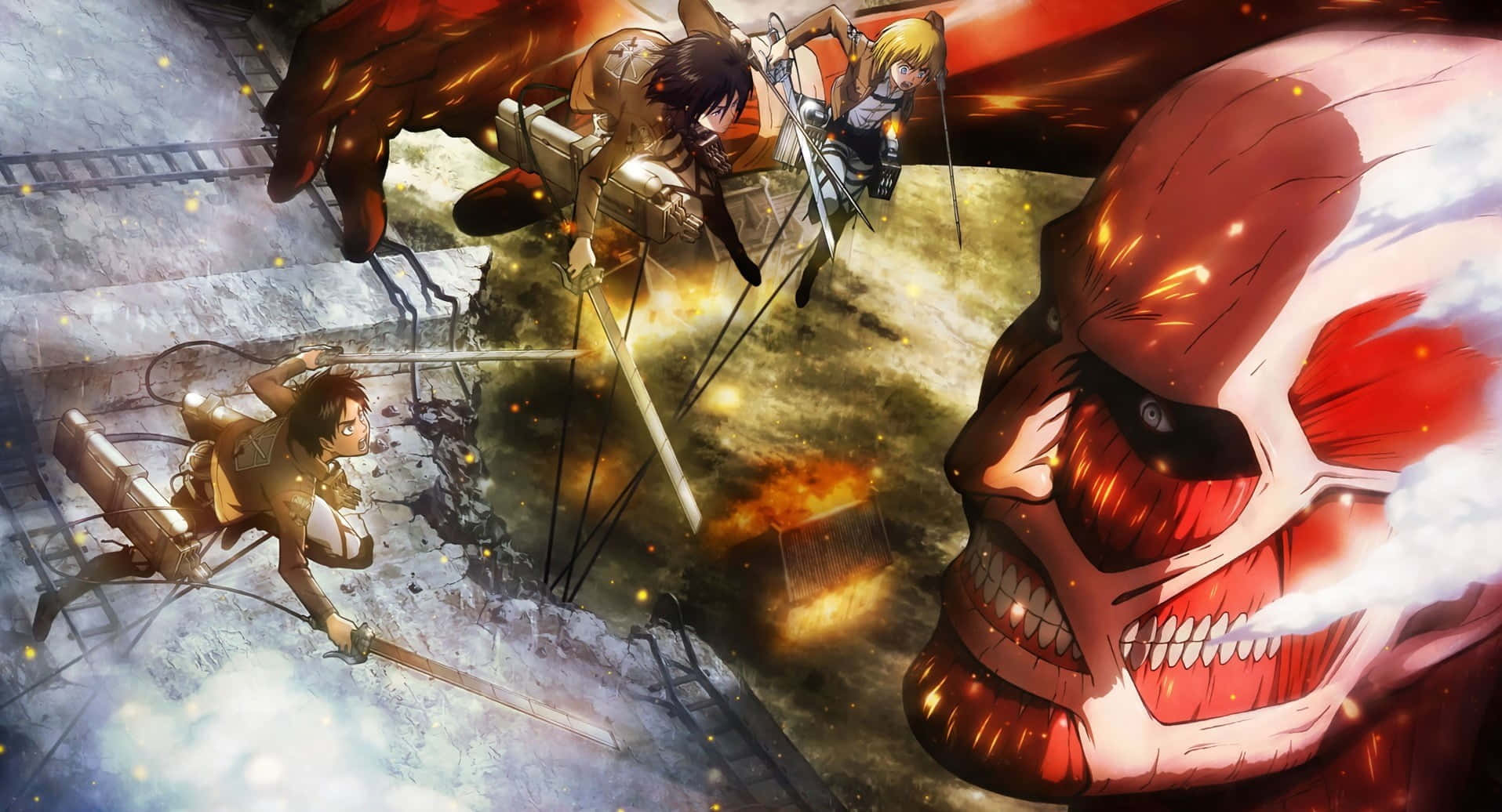 Attack On Titan Video Game 桌布 壁紙 — 裝備齊全的動畫戰士在熾熱爆炸和崩塌的牆壁中與巨大的紅眼巨人戰鬥。
