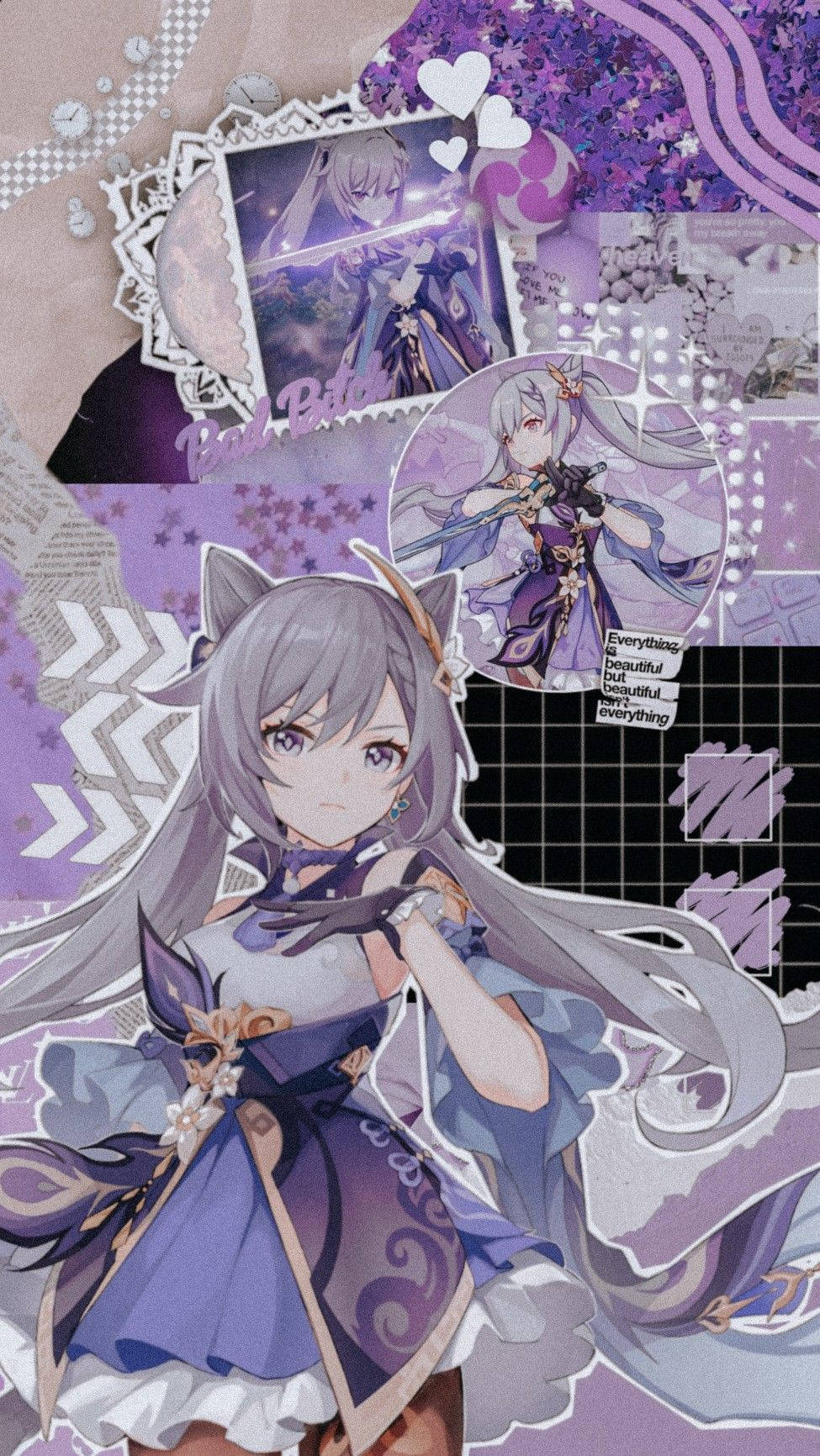 貓耳動漫少女穿著紫色連衣裙，背景為閃亮的剪貼簿風格。