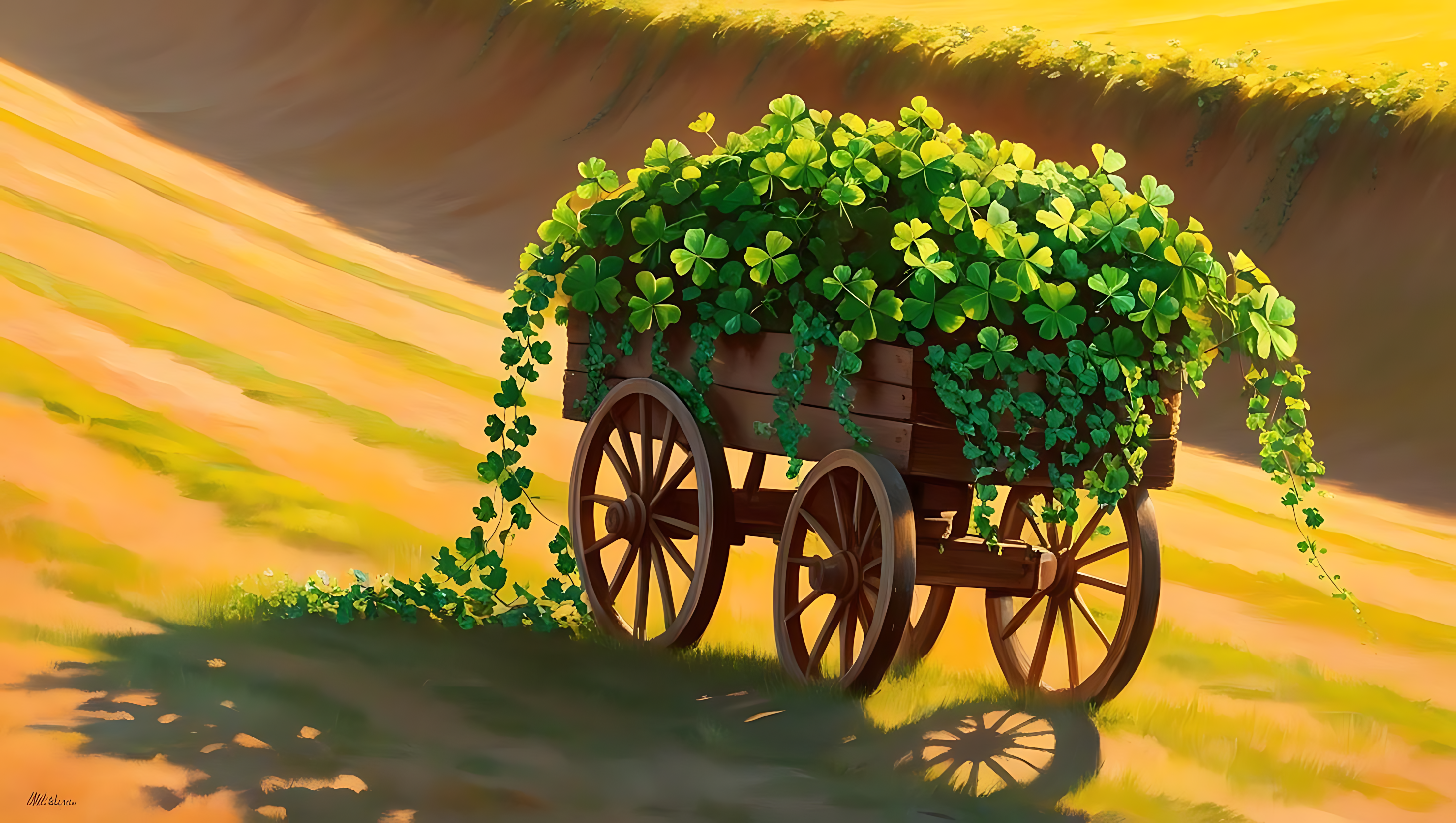 裝滿綠色植物的推車 壁紙 — 一架木製手推車裝滿了充滿活力的綠色三葉草藤蔓，在溫暖的光線下停放在陽光明媚的金色田野上。
