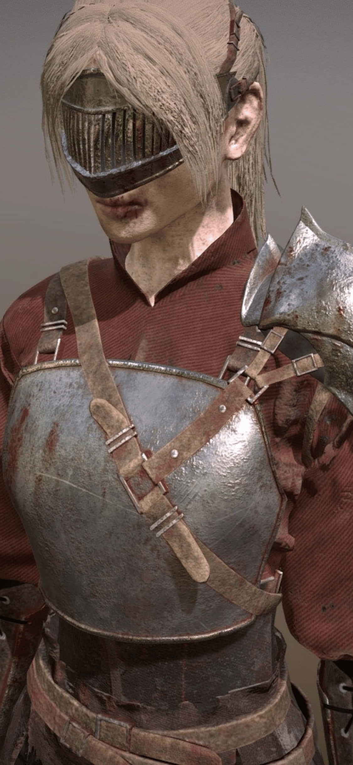 裝甲女戰士 iPhone XS Mordhau 背景 壁紙 — 一名身穿風化金屬盔甲和帶刺眼罩的戰士，面無表情地站在中性灰色背景前。