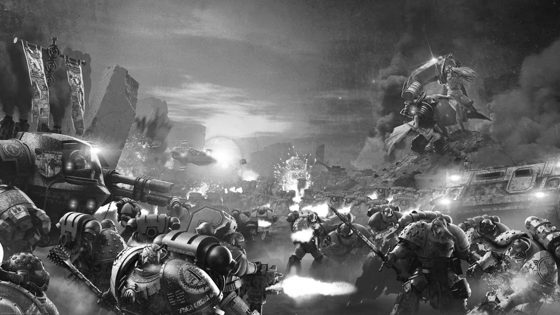 Dark War 桌布 壁紙 — 裝甲戰士在煙霧瀰漫的天空下，於一個 gritty 單色戰場上激烈交鋒，伴隨著爆炸和飛行的車輛。