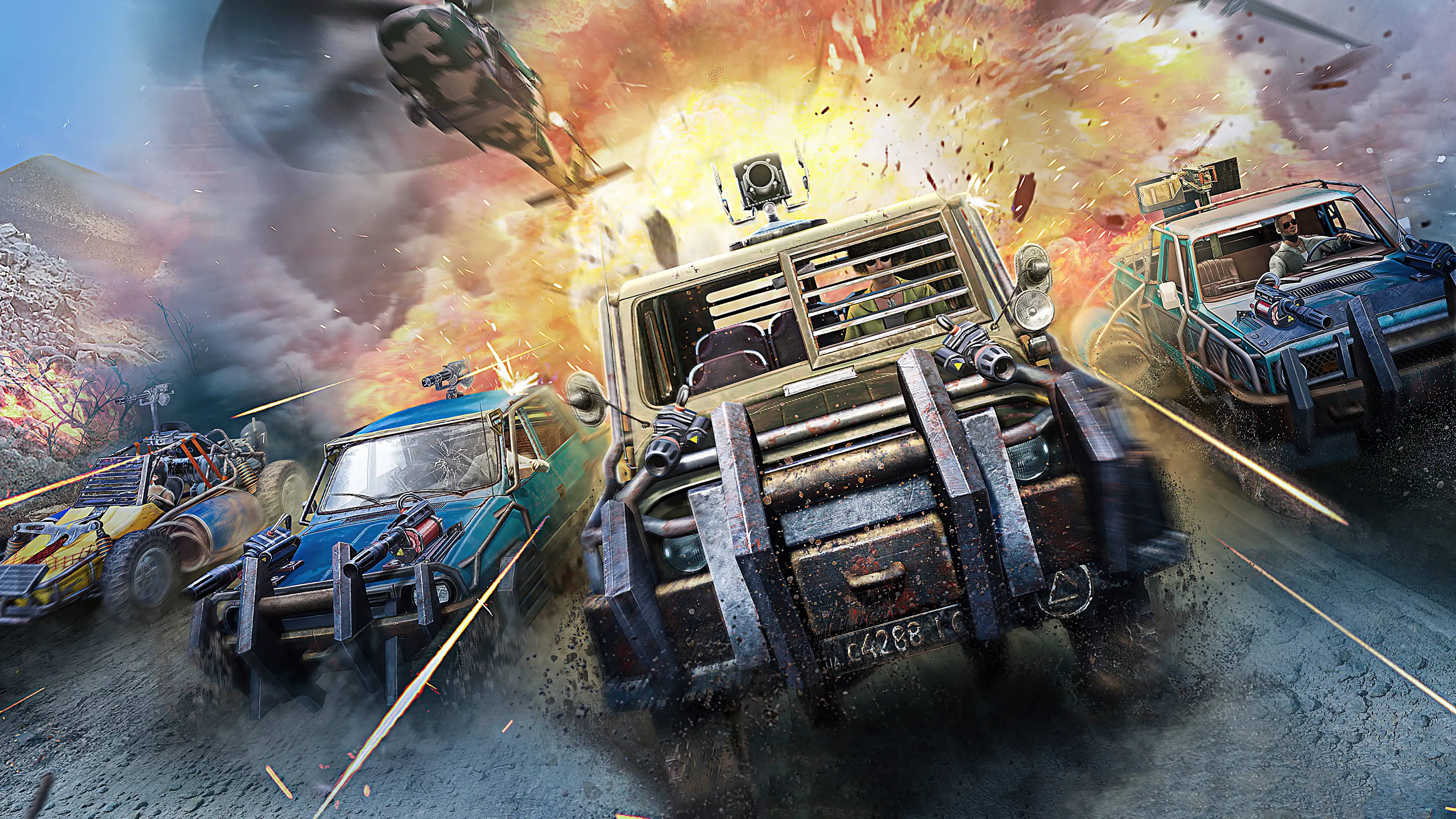 Pc Gaming 桌布 壁紙 — 裝甲車輛在塵土飛揚的戰場上飛馳，爆炸四起，一架直升機在頭頂飛過。