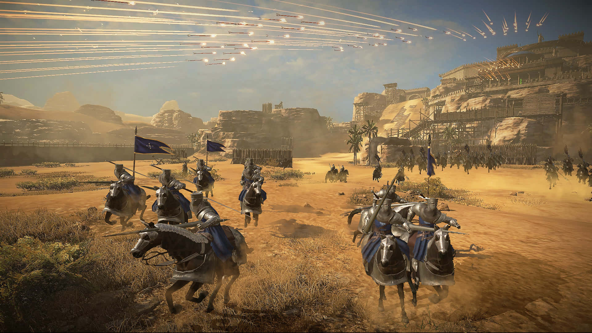 Blood Of Steel 桌布 壁紙 — 裝甲騎士騎馬衝過沙漠戰場，箭如雨下。