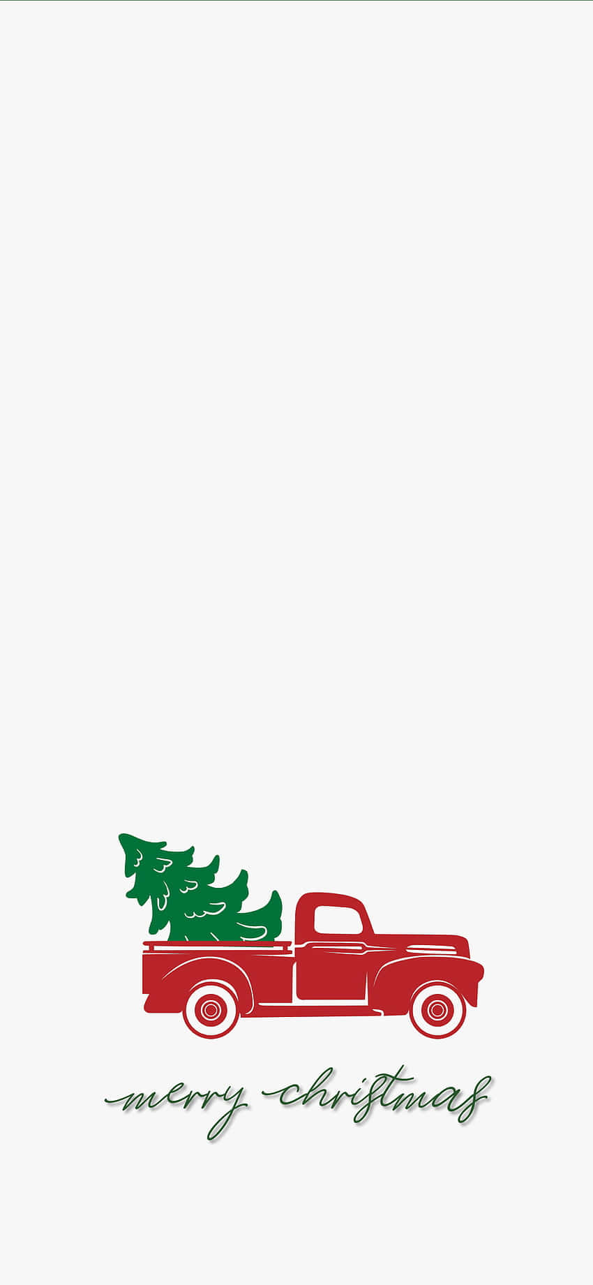 裝飾一新的老式卡車 壁紙 — 一輛簡約的紅色復古卡車在純白背景上運送一棵綠色聖誕樹，並附有草書節日文字。