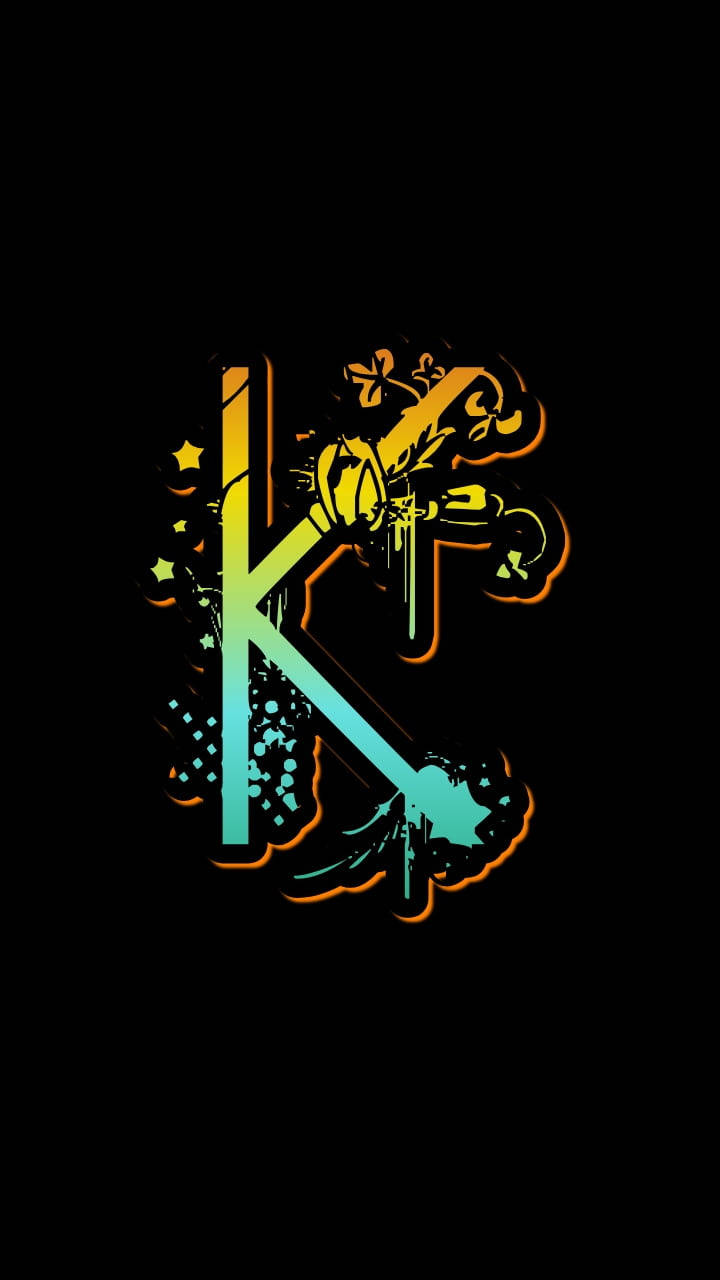 風格化的字母K，帶有彩色漸變和塗鴉元素，背景為黑色。