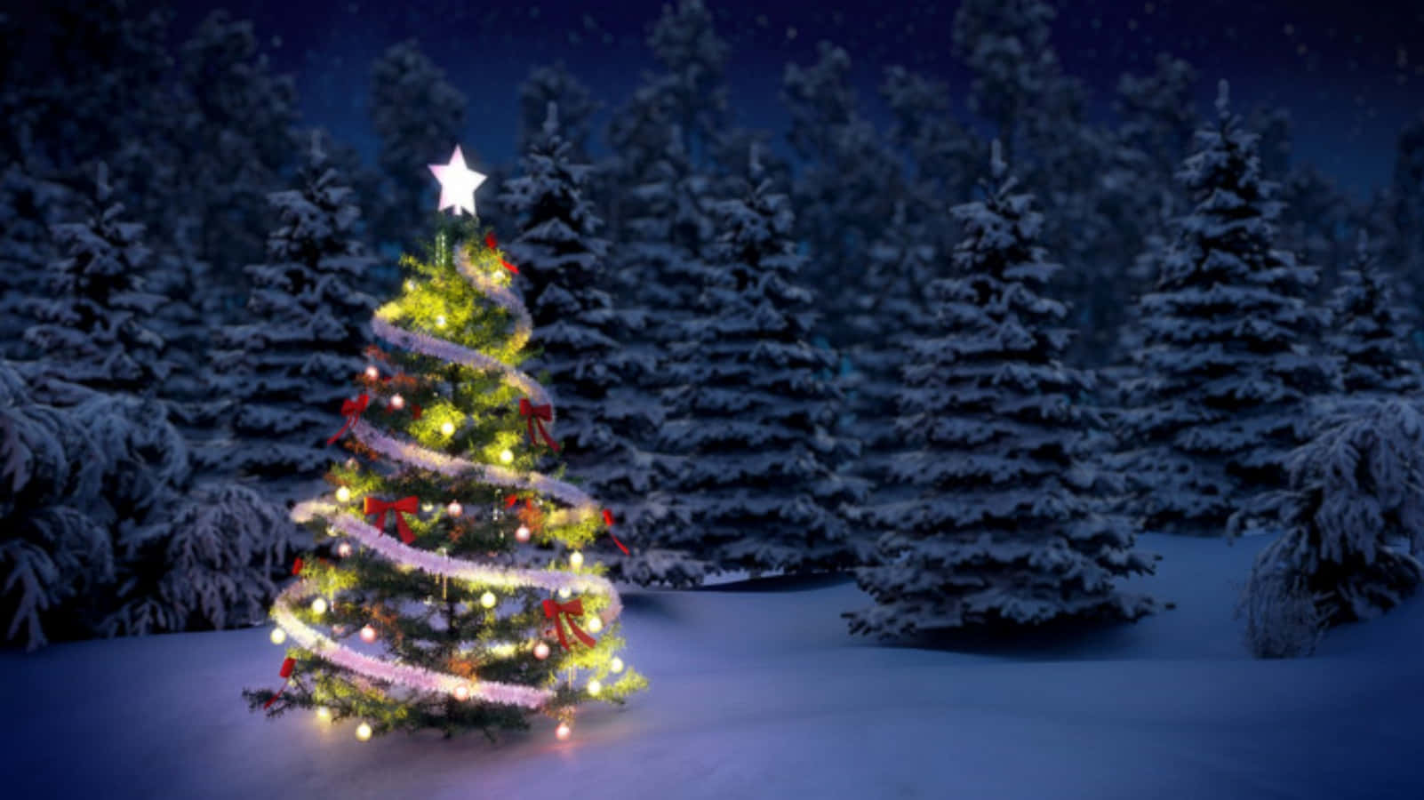 一棵裝飾過的聖誕樹在雪地森林中夜間發光。