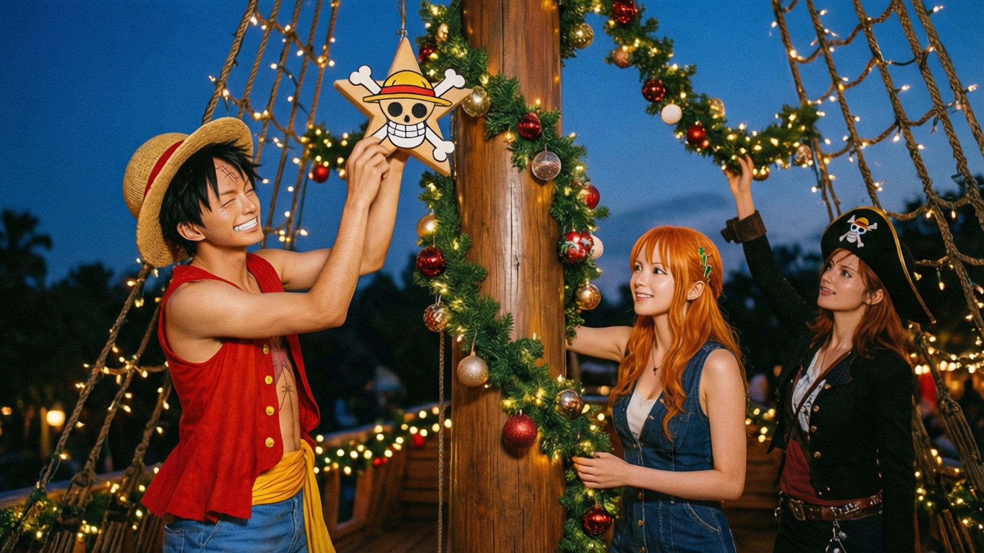 裝點陽光號 壁紙 — 三個穿著One Piece cosplay的人裝飾木製桅杆，掛上節日花環和骷髏旗，背景是暮色天空。