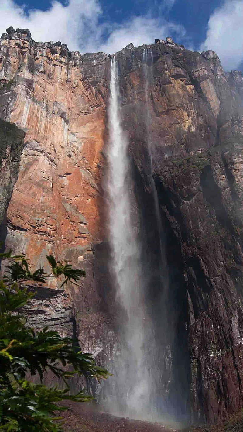 裸岩 tepui 與天使瀑布 壁紙 — 在藍天白雲下，一道巨大的瀑布從高聳的懸崖峭壁上傾瀉而下。