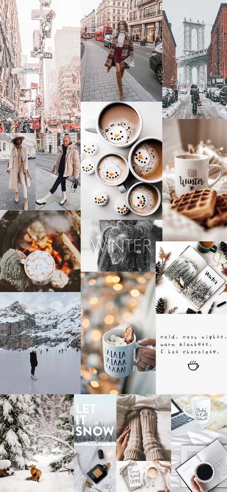 冬季拼貼畫，包含雪景、熱飲和舒適的室內時刻。