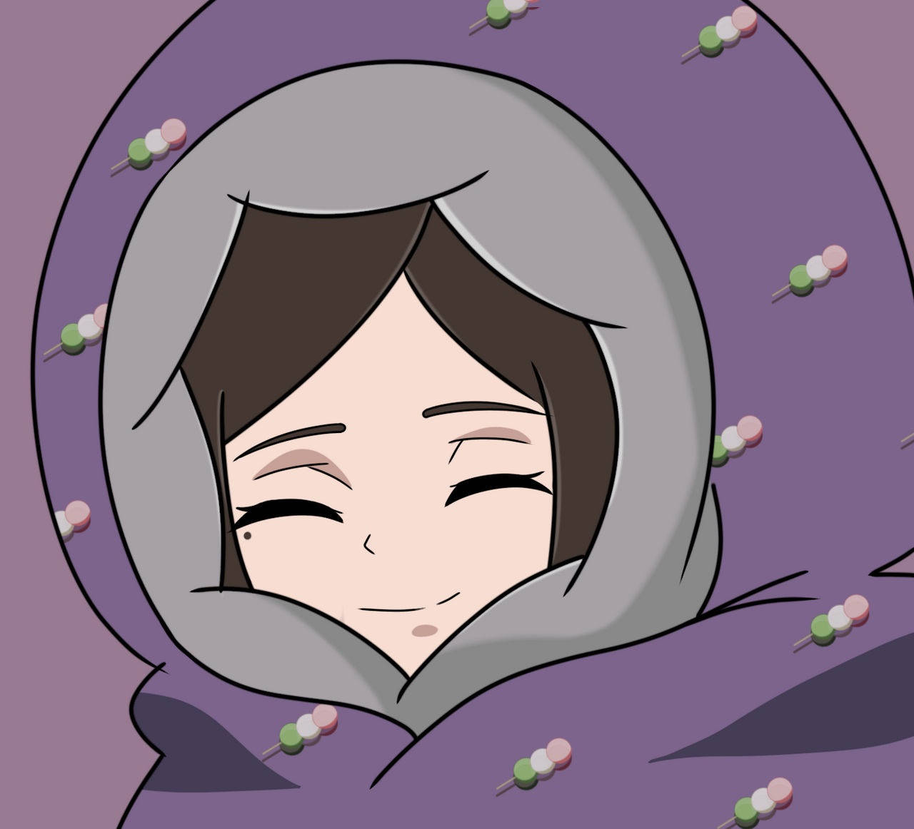 裹著毯子的宇智波伊茲緬 壁紙 — 一個開心的動畫女孩，棕色頭髮，微笑溫暖，披著一件紫色連帽斗篷，上面裝飾著色彩繽紛的糖果狀別針。