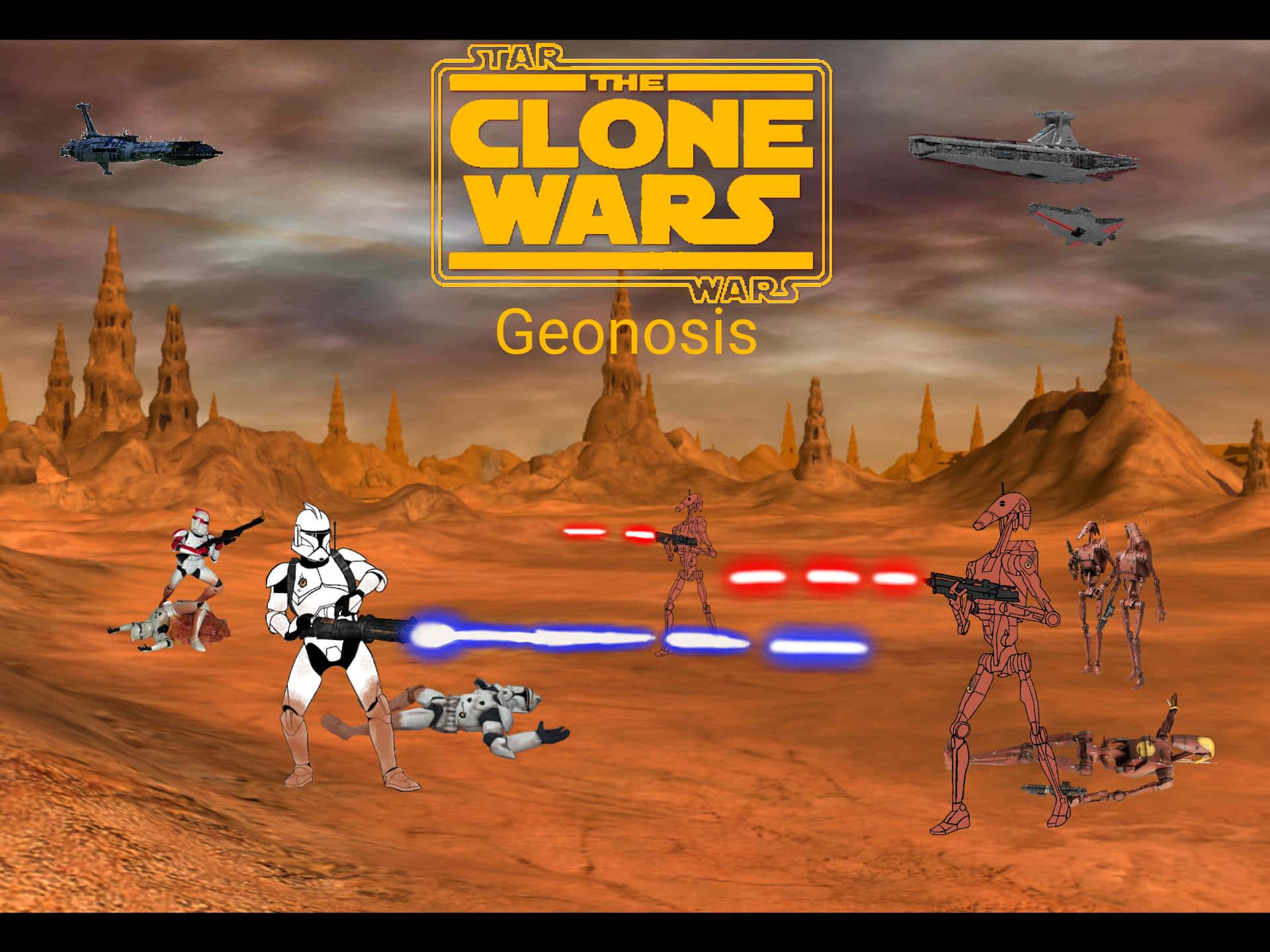 The Battle Of Geonosis 桌布 壁紙 — 複製人軍團和戰鬥機器人在吉奧諾西斯的沙漠中交戰，星際飛船在頭頂飛過。