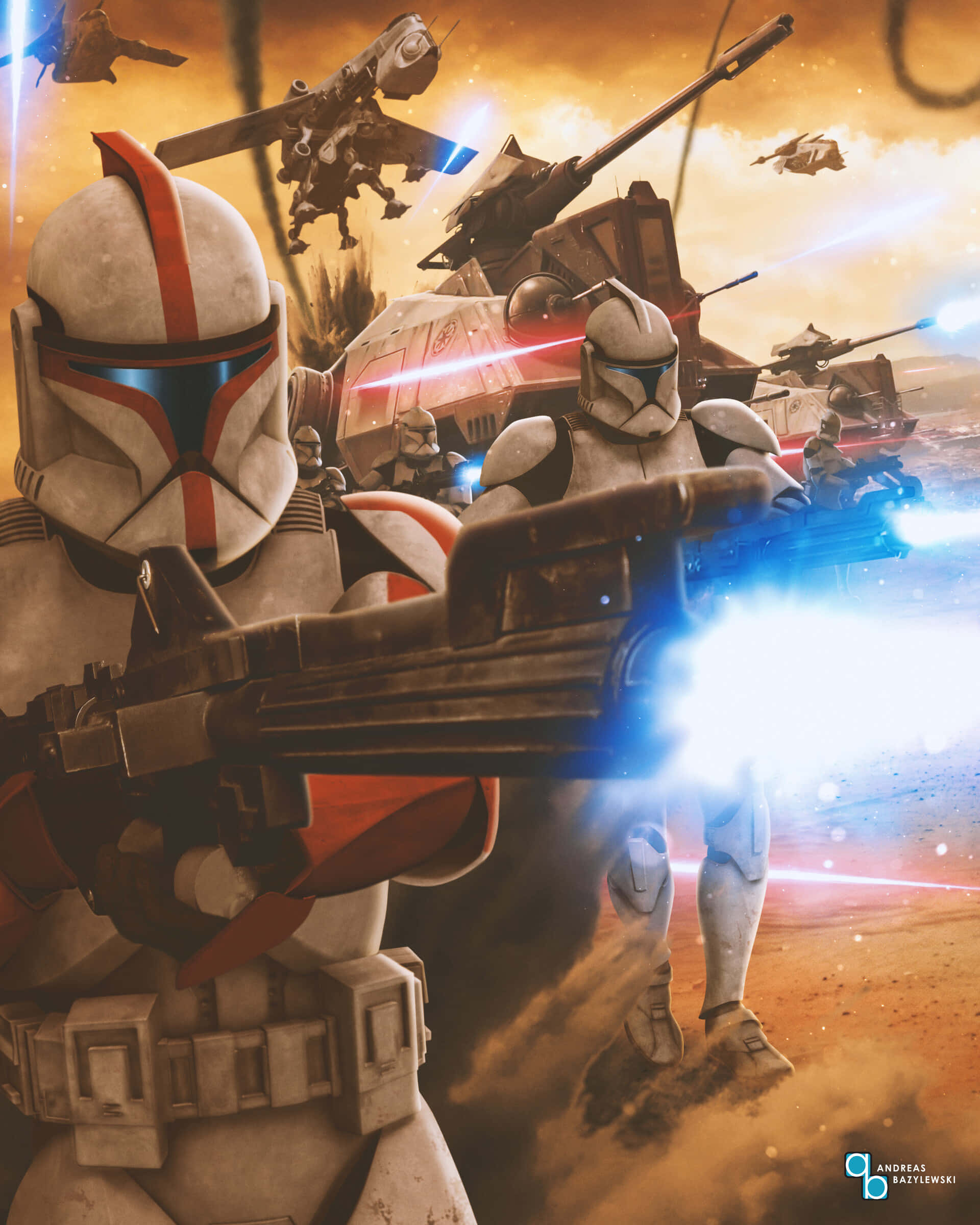 The Battle Of Geonosis 桌布 壁紙 — 複製人部隊在塵土飛揚的戰場上發射爆能槍，星際戰鬥機和坦克在熾熱的天空下於頭頂交戰。