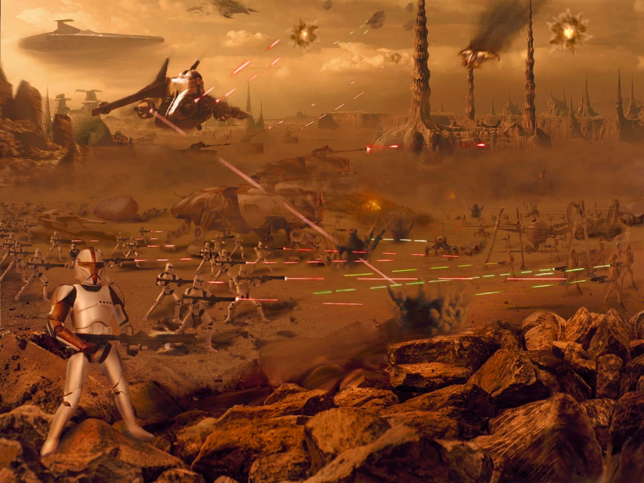The Battle Of Geonosis 桌布 壁紙 — 複製人部隊在岩石地形中作戰，星際戰鬥機在熾熱的沙漠戰區上空爆炸。