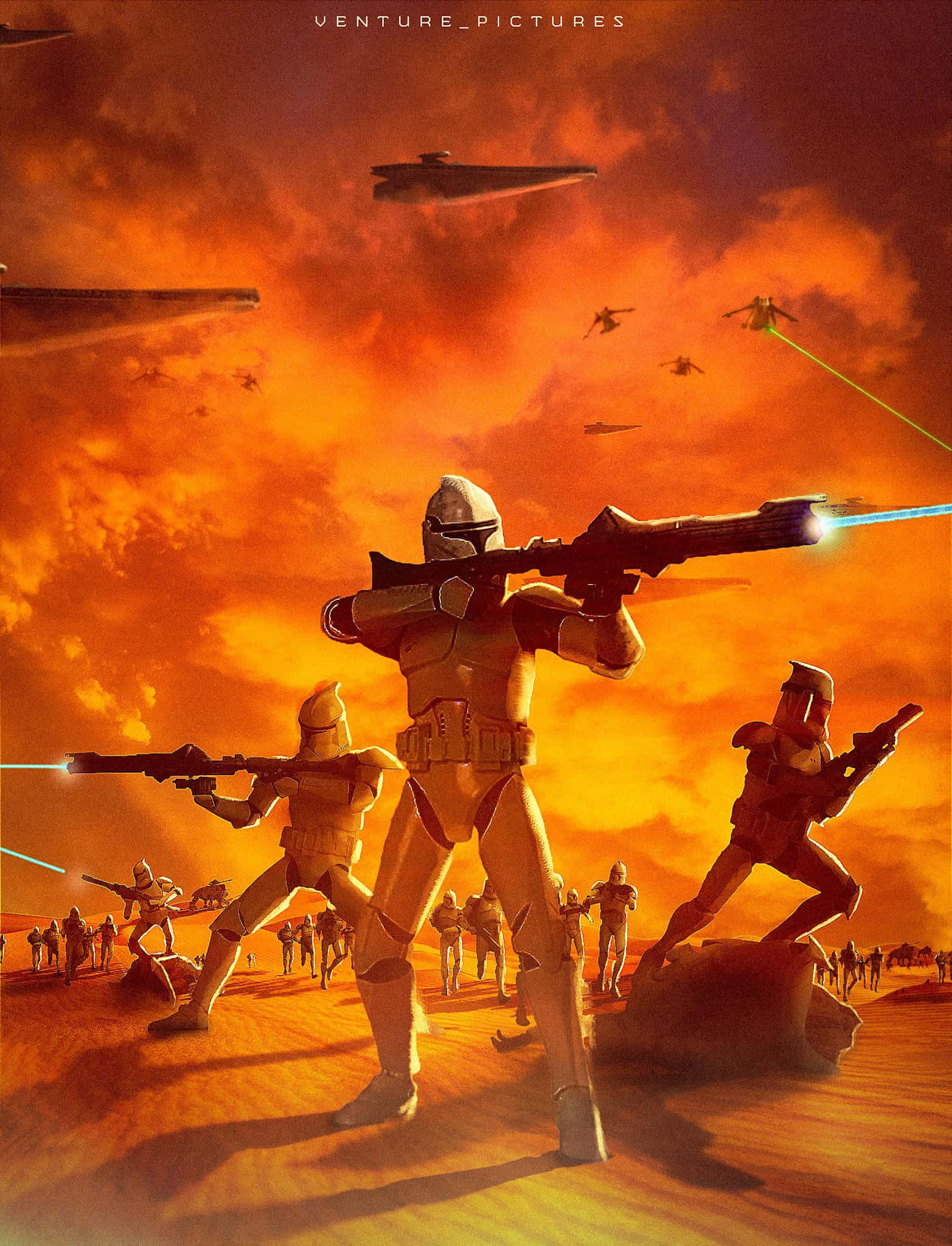 The Battle Of Geonosis 桌布 壁紙 — 複製人部隊在沙漠戰場上，在熾熱的橙色天空下，頭頂有星際戰鬥機，發射爆能槍。
