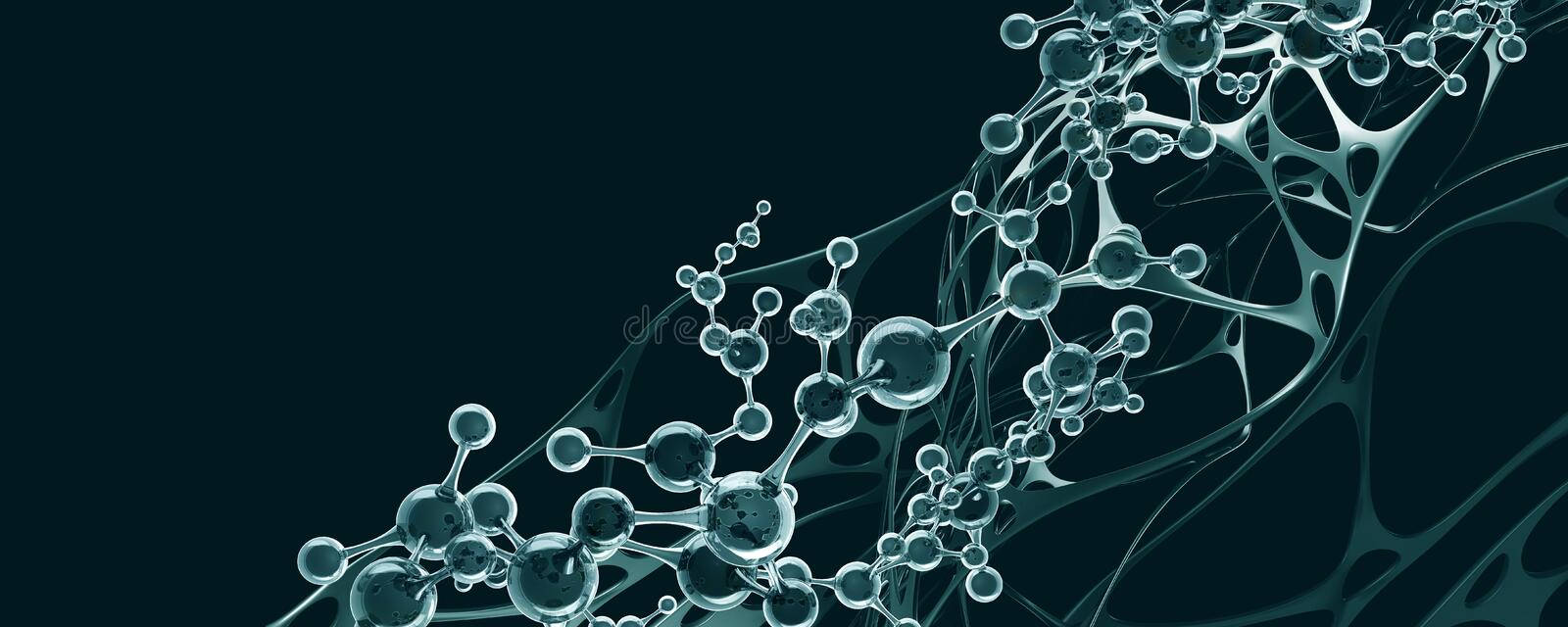藍綠色和藍色調的抽象分子結構設計。
