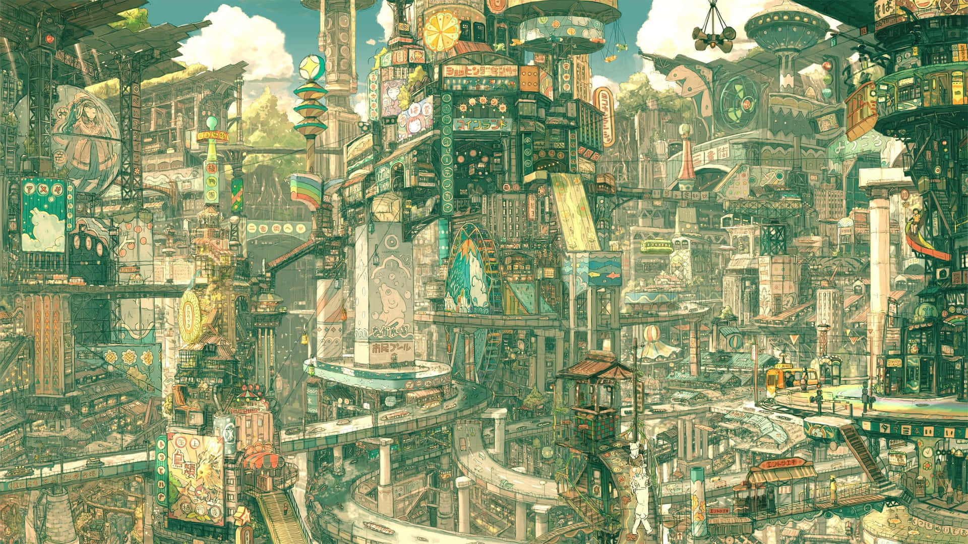 明亮的天空下，未來風格的動畫城市，有疊層建築和霓虹燈招牌。