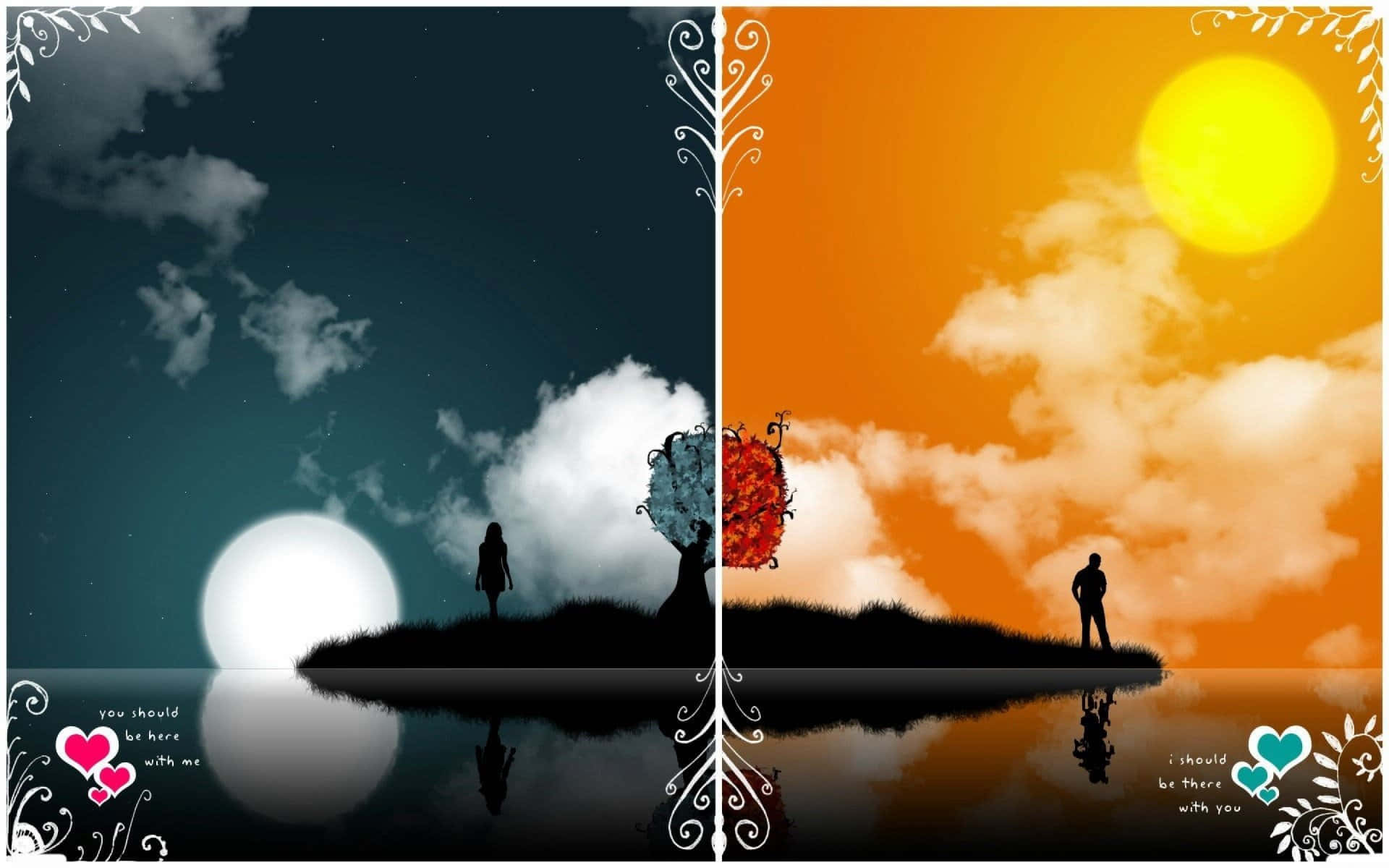 兩個人在對比的月亮和太陽天空下站在島上，有鏡面倒影和一棵色彩繽紛的樹。