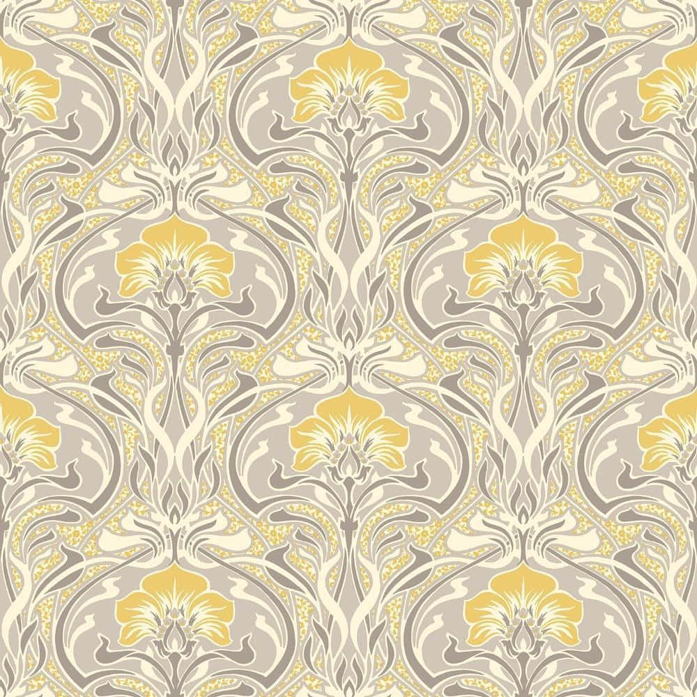 Yellow Pattern 桌布 壁紙 — 複雜的新藝術風格牆紙圖案，在灰色和奶油色背景上重複黃色花卉圖案。