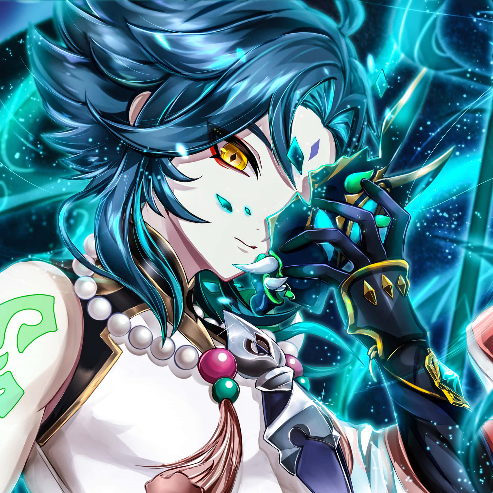 藍色頭髮和發光眼睛的動漫角色手持魔法武器。
