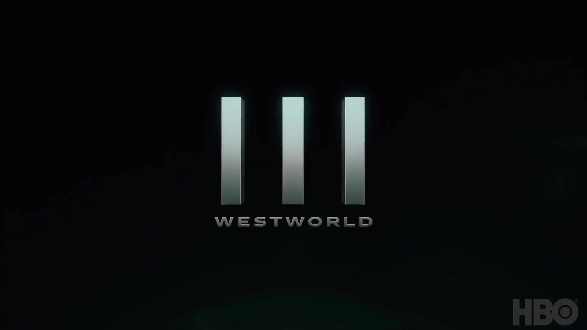 Westworld標誌，帶有三條發光條紋和黑色背景上的金屬文字。