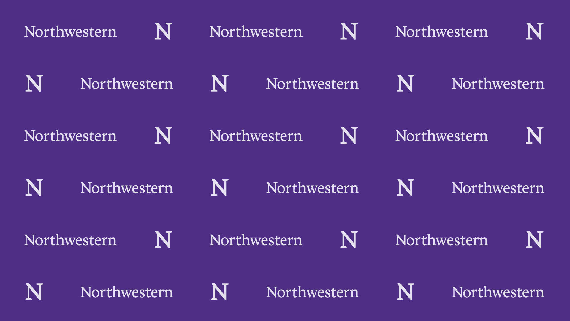 紫色背景上以白色重複出現的Northwestern文字和N標誌。